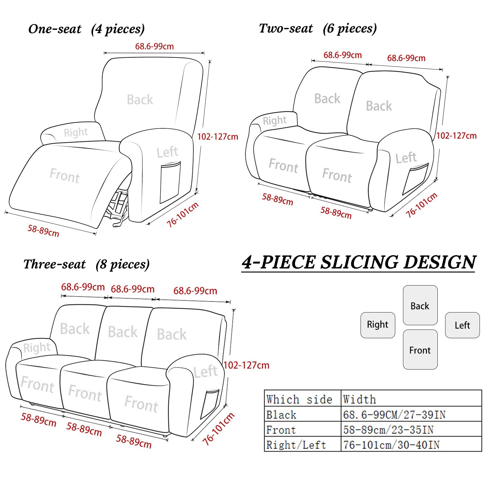 Stretch Recliner Sofa Covers, 4-Pieces Reclining Couch Covers with Pockets, Soft Washable Furniture Protector with Elastic Bottom, Reclining Sofa Covers 1 2 3 4 Seater, Turquoise blue-1 Seater