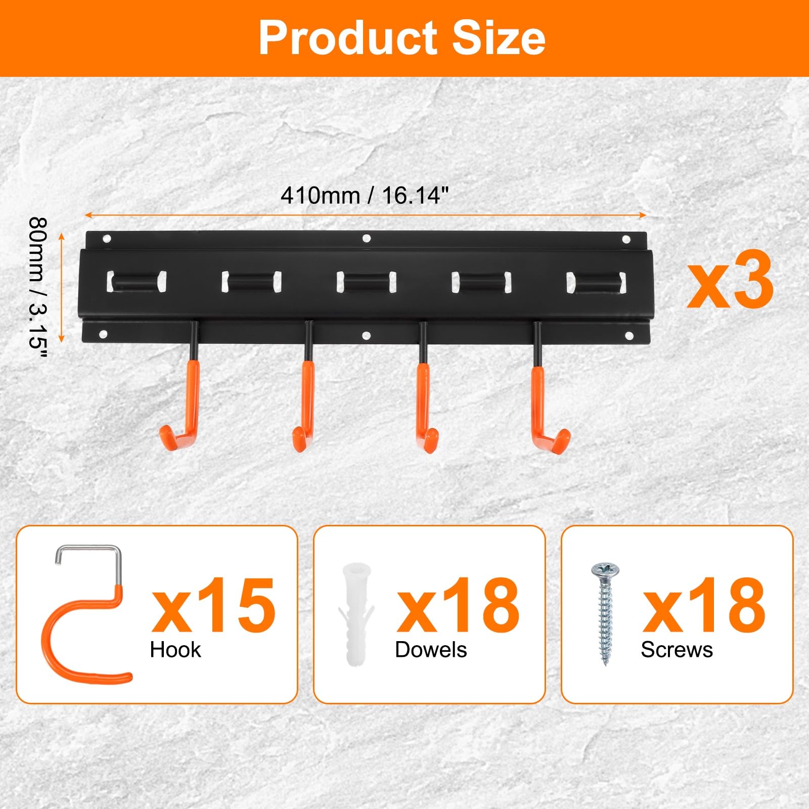 QUARKZMAN Portaherramientas de Jardín Kit, Soporte Metálico de Pared Empalmable con Ganchos Naranja para Herramientas Colgador para Escobas Fregonas Sótano Garaje, 123cm Largo Total