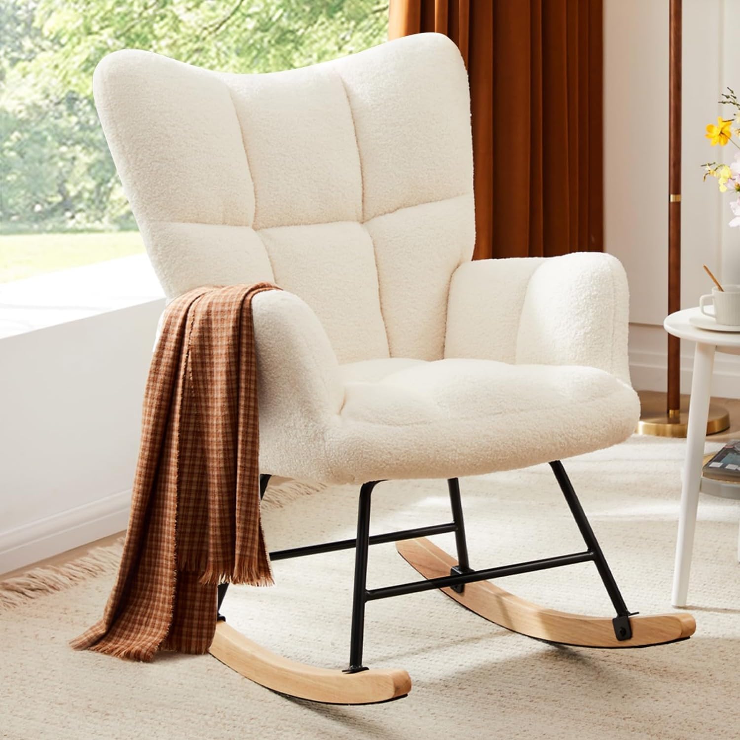 Rocking Chair, Upholstered Glider Rocker Accent Chair, Nnursery Rocking Chairs with High Backrest for Small Spaces, Indoor, Living Room, Bedroom, White