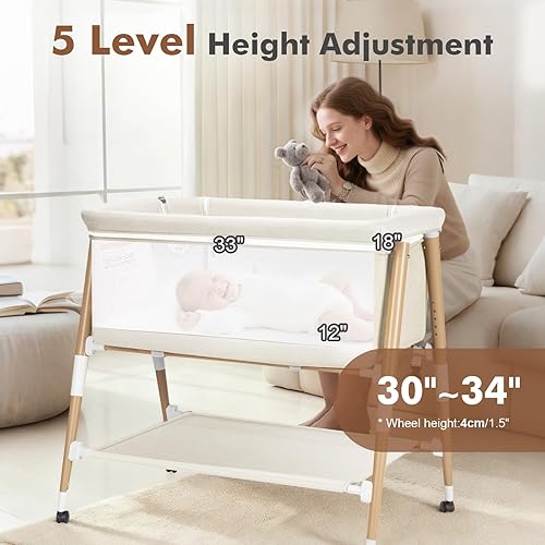 Miniatura 2 de Cuna de bebé, cuna portátil 3 en 1 para recién nacido, cuna de bebé portátil con 4 ruedas desmontables y altura ajustable, malla transpirable y