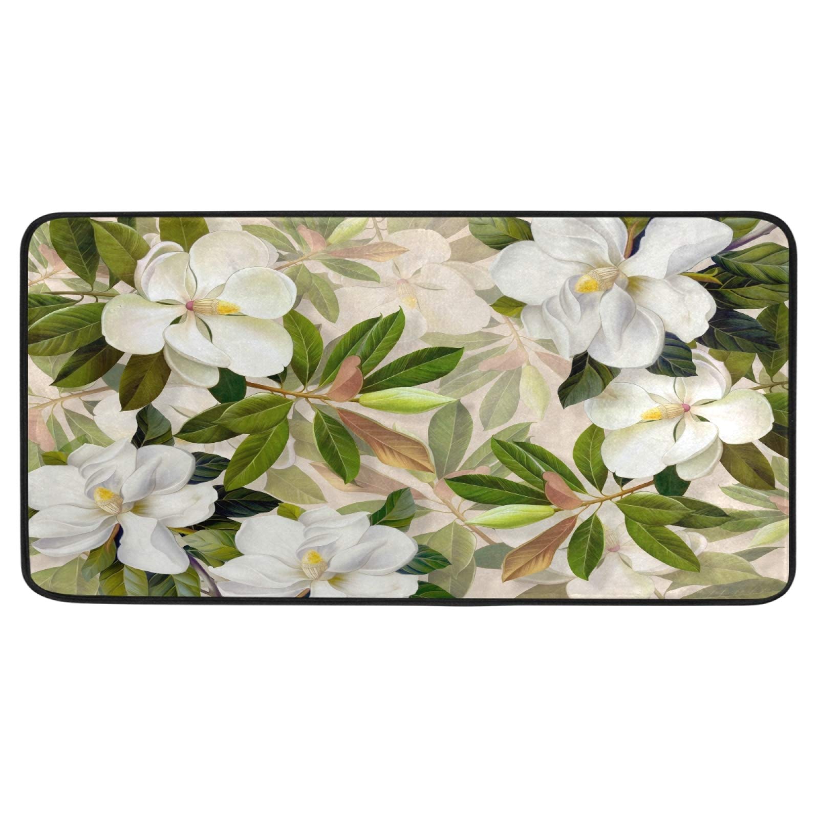 White Magnolia Flowers Printed Kitchen Rug 39 X 20 inch Non Skid Washable Throw Rugs for Kitchen Floor Sink Entryway Rugs Runner