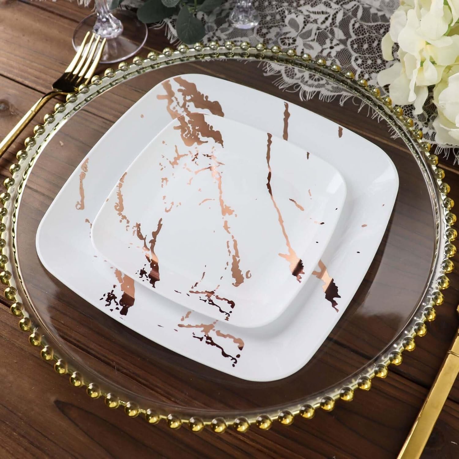 Efavormart 10 Pack 8 Inch Square Disposable Plastic Salad Plates, White & Rose Gold Marble Design - Chic Bulk Party Supplies for Sweet 16, Engagement, Baby Shower