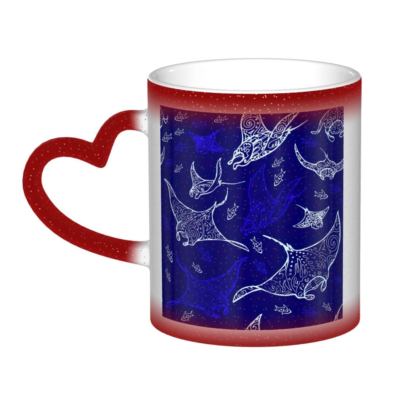 Manta Ray and Fish Print Ceramic Mug, Black to White Thermochromic Coffee Cup for Home Office Cafe
