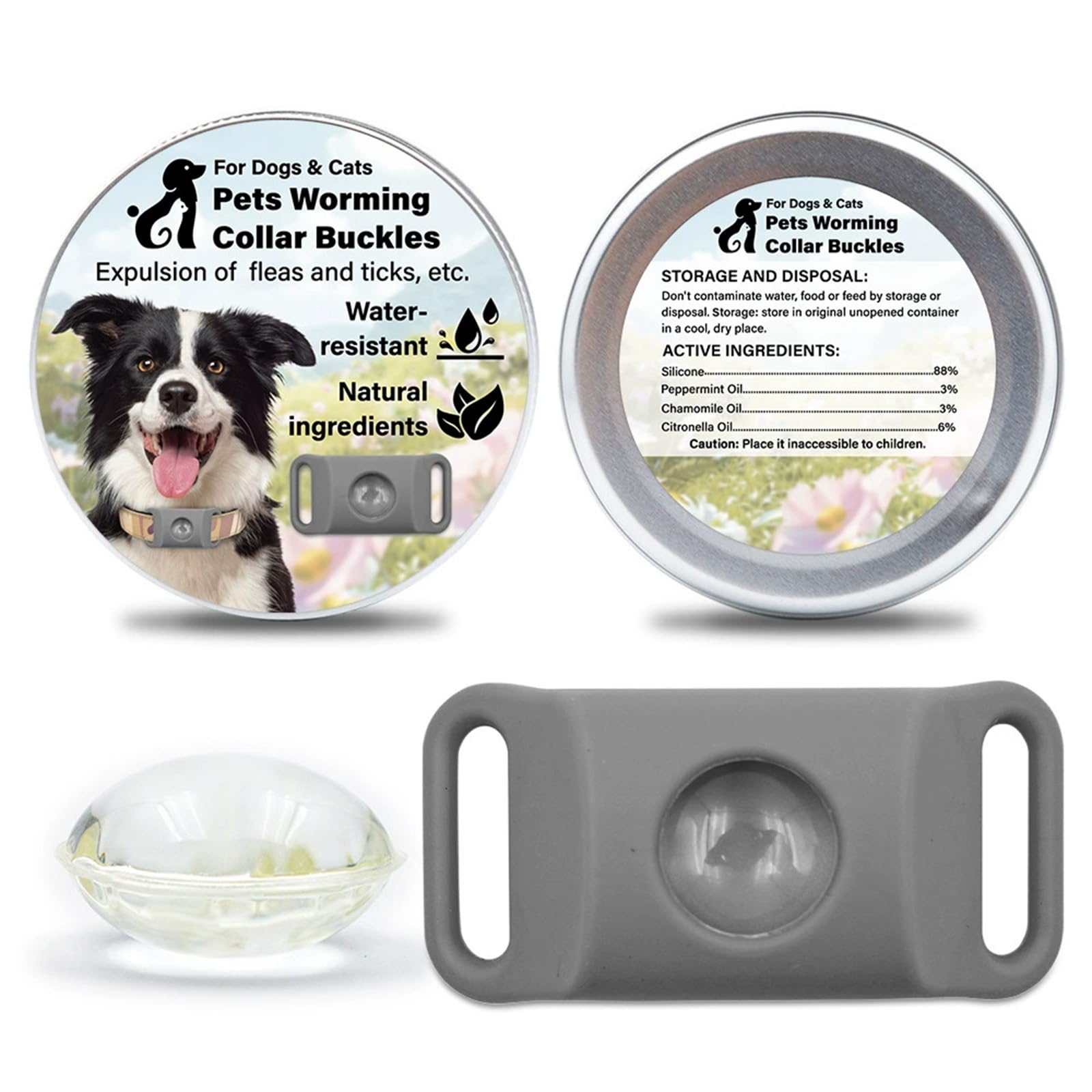 Clavya Tags for Dogs, Clavya Natural Waterproof Collar Protection 4 Months Long Lasting Adjustable Size Small Medium Large Dogs 100% Natural Ingredients (Grey, 1)