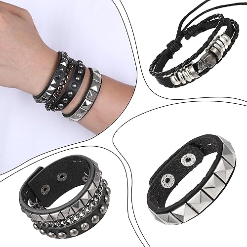 Miniatura 3 de Juego de 4 pulseras punk rock con tachuelas Emo Retro de cuero con remaches, puños ajustables de los años 80, accesorios para hombres y mujeres,