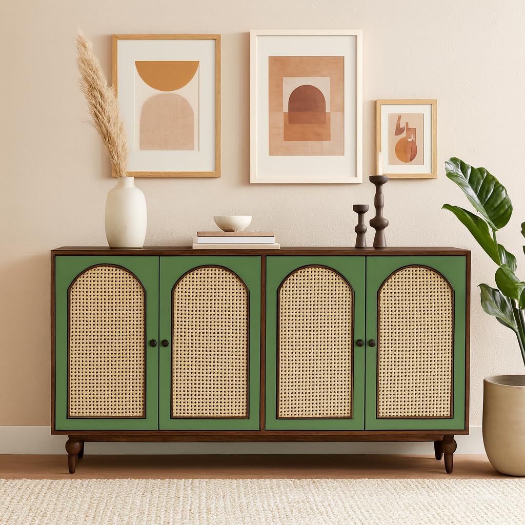 Kraft Bazaar Solid Wood Luffy Sideboard Cabinet | Sideboard for Living Room | Sideboard Cabinet with Natural Cane/Rattan | Finish- Olive Green and Scratch Resistant Tubaq-image-23