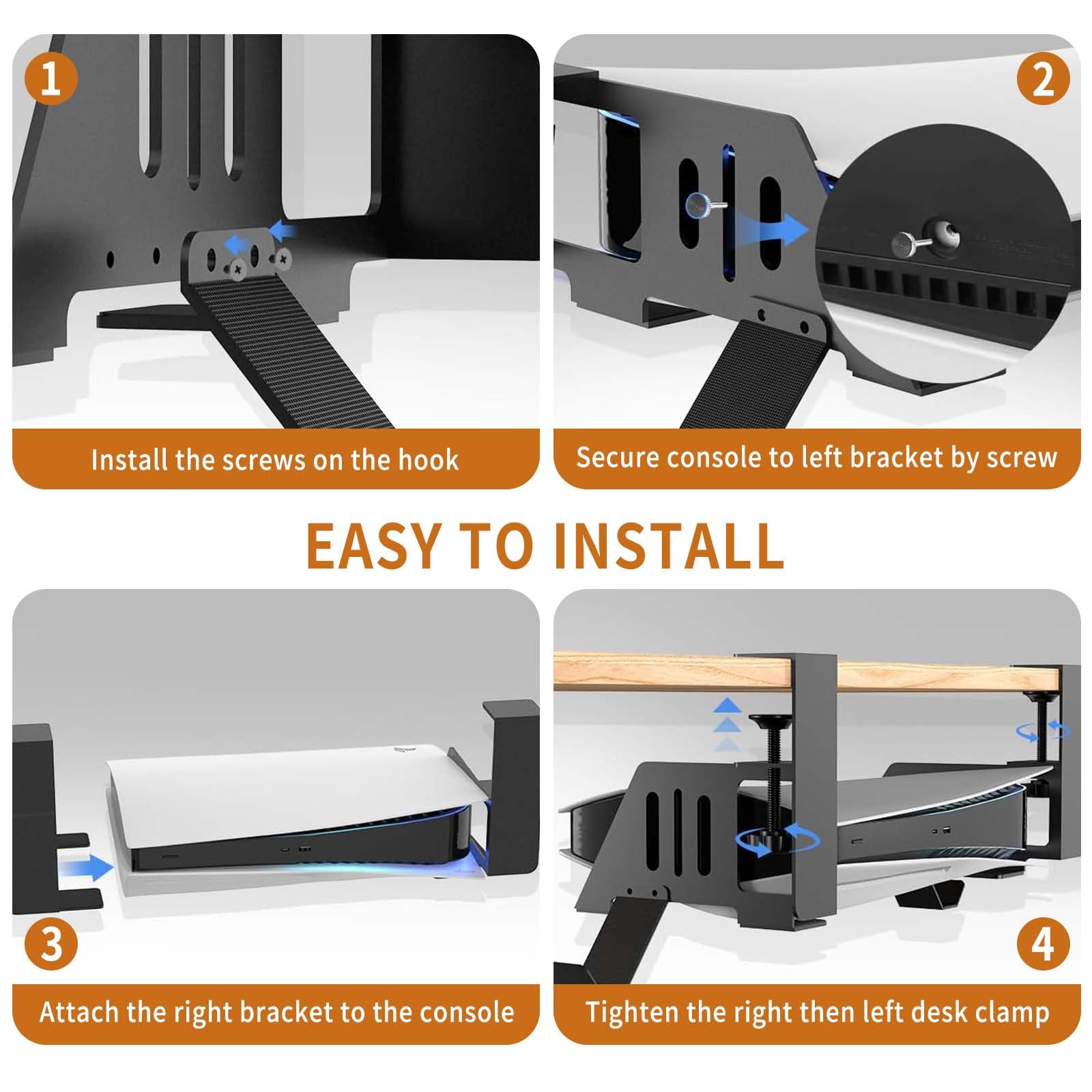 PS5 Halterung unterm Tisch, Metal Under Desk Mount für PS5 Pro, PS5 Slim Stealth Mount, Untertischhalterung für PS5 Pro/PS5 Slim/PS5 Disc & Digital Edition Zubehör mit Klemmhalterung & Schraube
