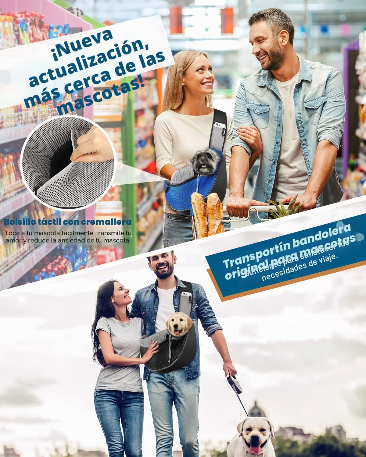Pawaboo Bolso Bandolera para Perros, Bolsa Portátil para Mascotas con Correa Ajustable y Bolsillos, Bolsa de Mensajero Transpirable Cómoda con para Cachorros Gatitos para Viajar, XL, Azul