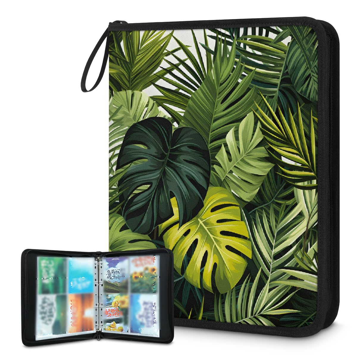 Raccoglitore per carte collezionabili con 4 tasche con foglie della giungla tropicale, raccoglitore per carte con foglie di palma, con maniche rimovibili, impermeabile, con cerniera, 50 pagine
