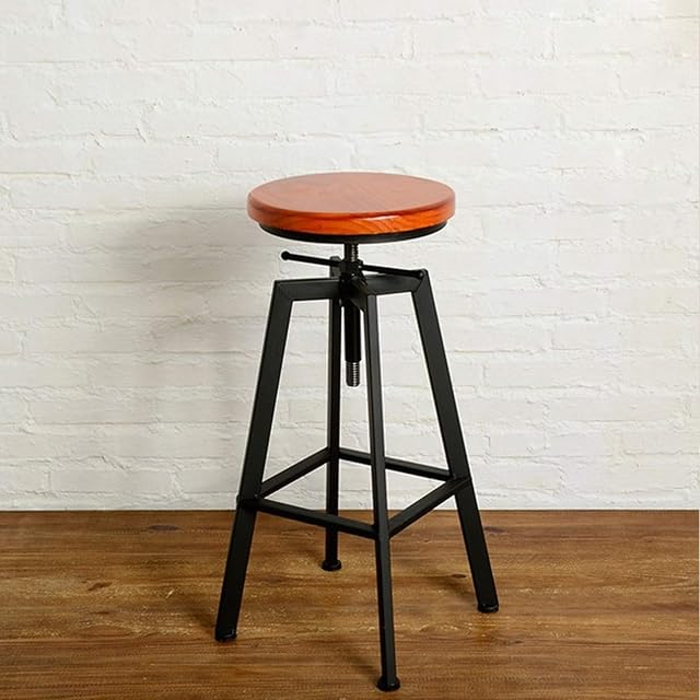 Youyijia 1pcs Industrial Bar Stool Adjustable Metal Swivel Chairs Round Wooden Seat Industrial Retro Barstools Vintage Tall Dining Chair for Kitchen Pub Counter Home