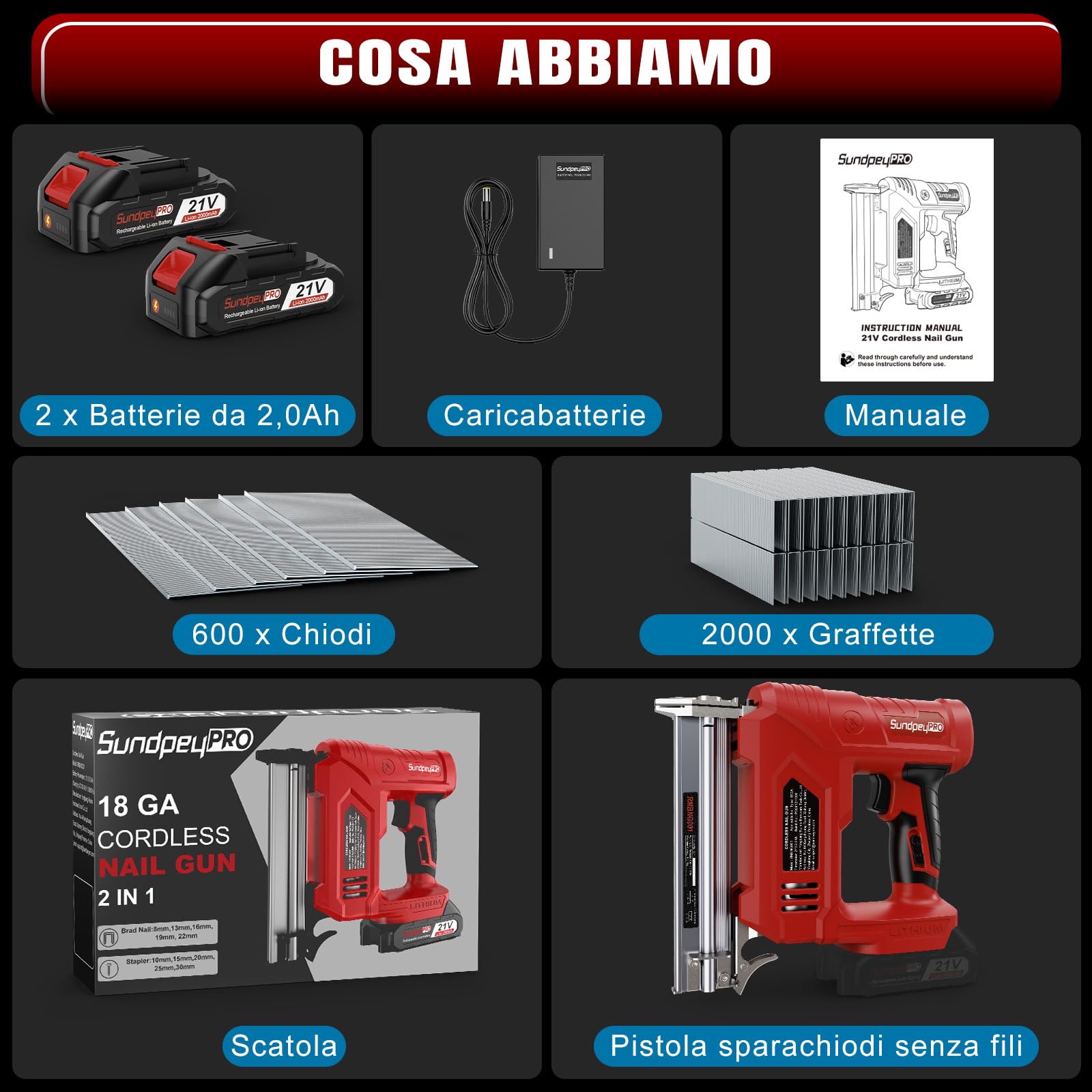 Sparachiodi a Batteria 21V - 2-in-1 Chiodatrice a Batteria con 2 x 2.0Ah Batterie, 180 Chiodi/Min, Graffettatrice con 600 Chiodi 18GA e 2.000 Chiodi a U per Tappezzeria, Falegnameria