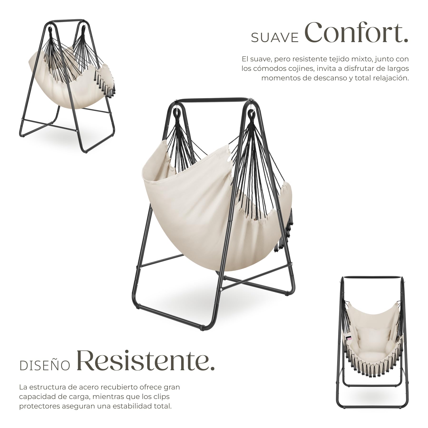 Silla Colgante Boho, Estructura De Acero, Borlas Decorativas, Cojines Gruesos, Bolsillo Lateral, Interior Y Exterior, Hamaca Sillón Colgante para Jardín, Terraza, Salón, Dormitorio