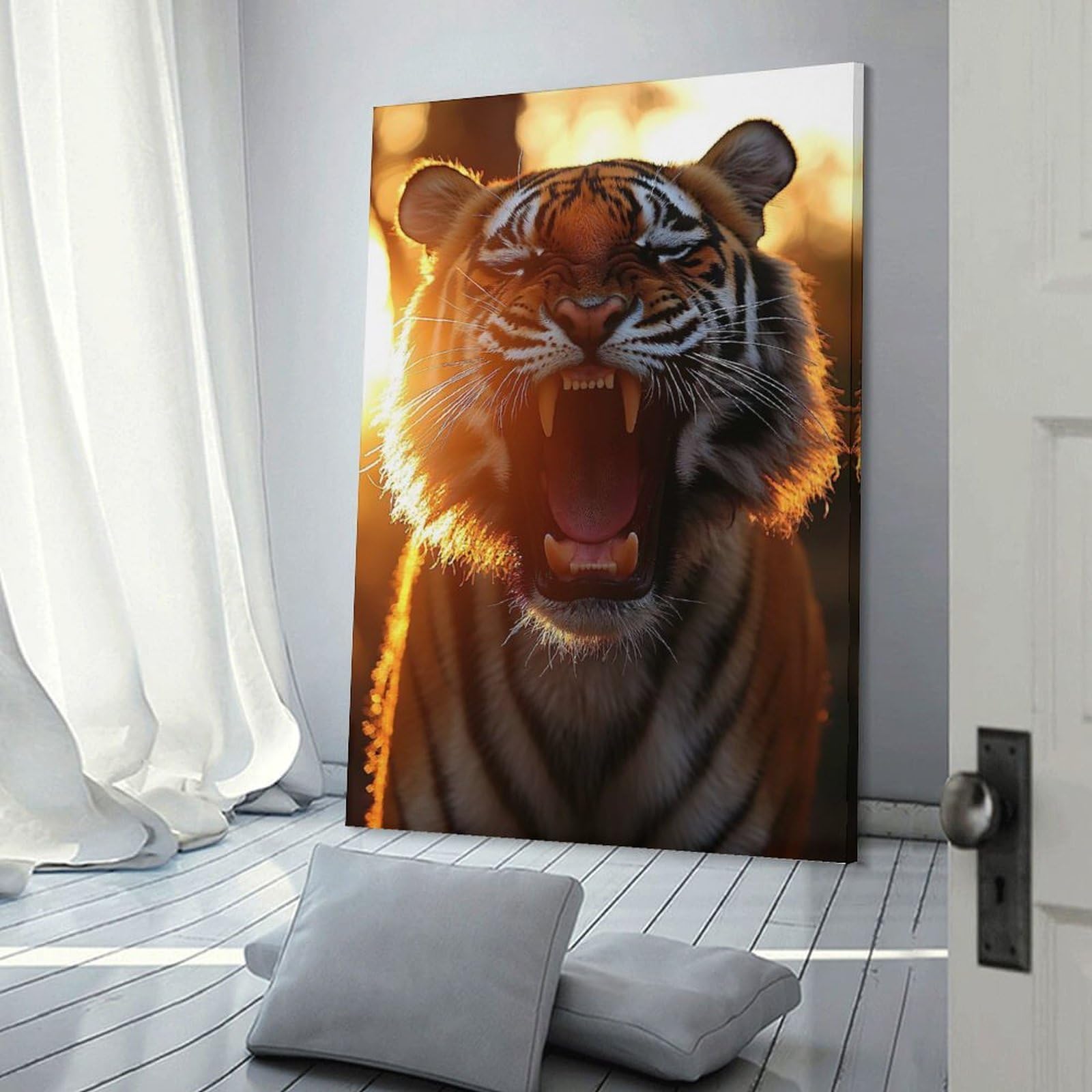 Junmoney Frame-Style-11 Roaring Tiger Portrait At Sunset Canvas Wall Picture, 08X12inch(20X30cm), For Study, Office Or Focused Interiors, Home Office Artwork With Decorative Appeal