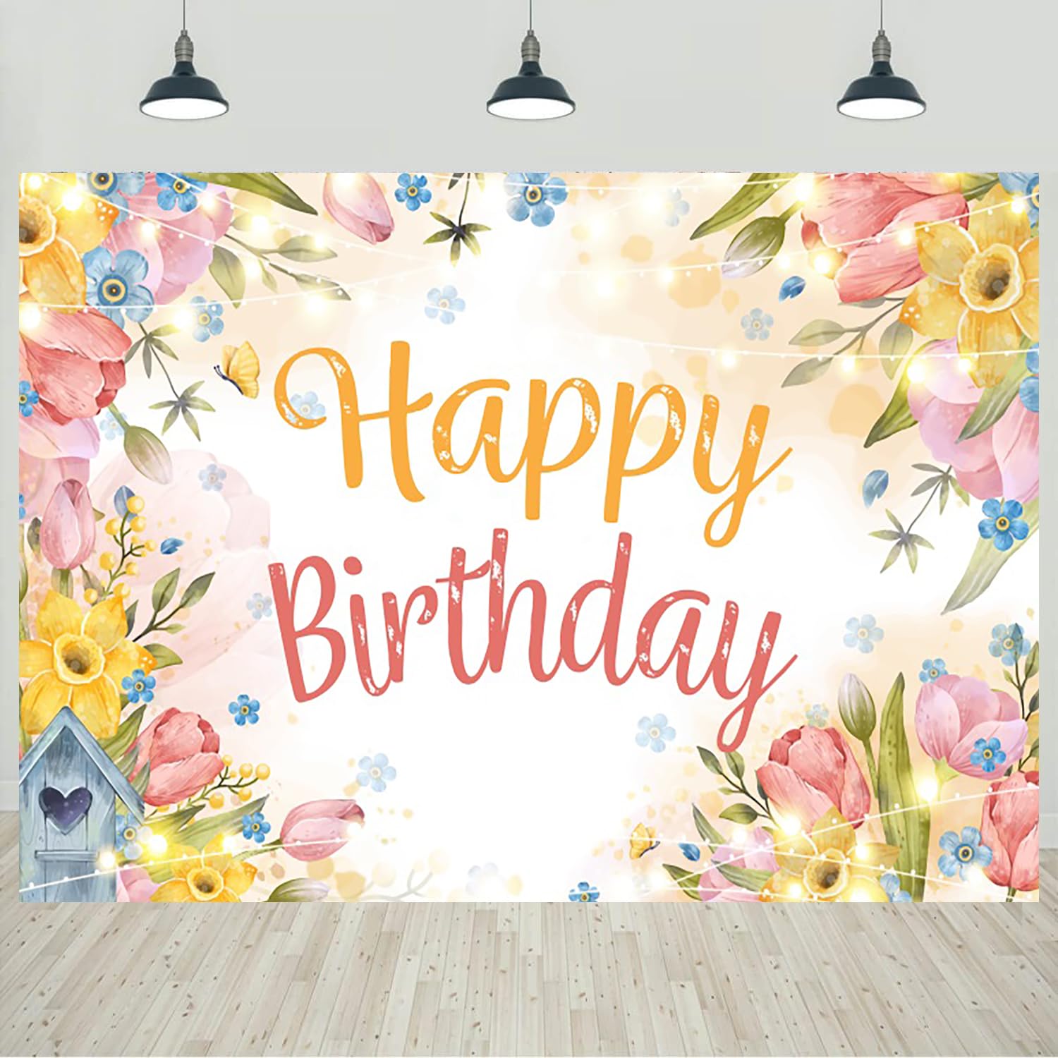 5x3ft Spring Happy Birthday Backdrop Colorful Flowers Greenery Photography Background for Women Girls Birthday Party Decorations Portraits Banner