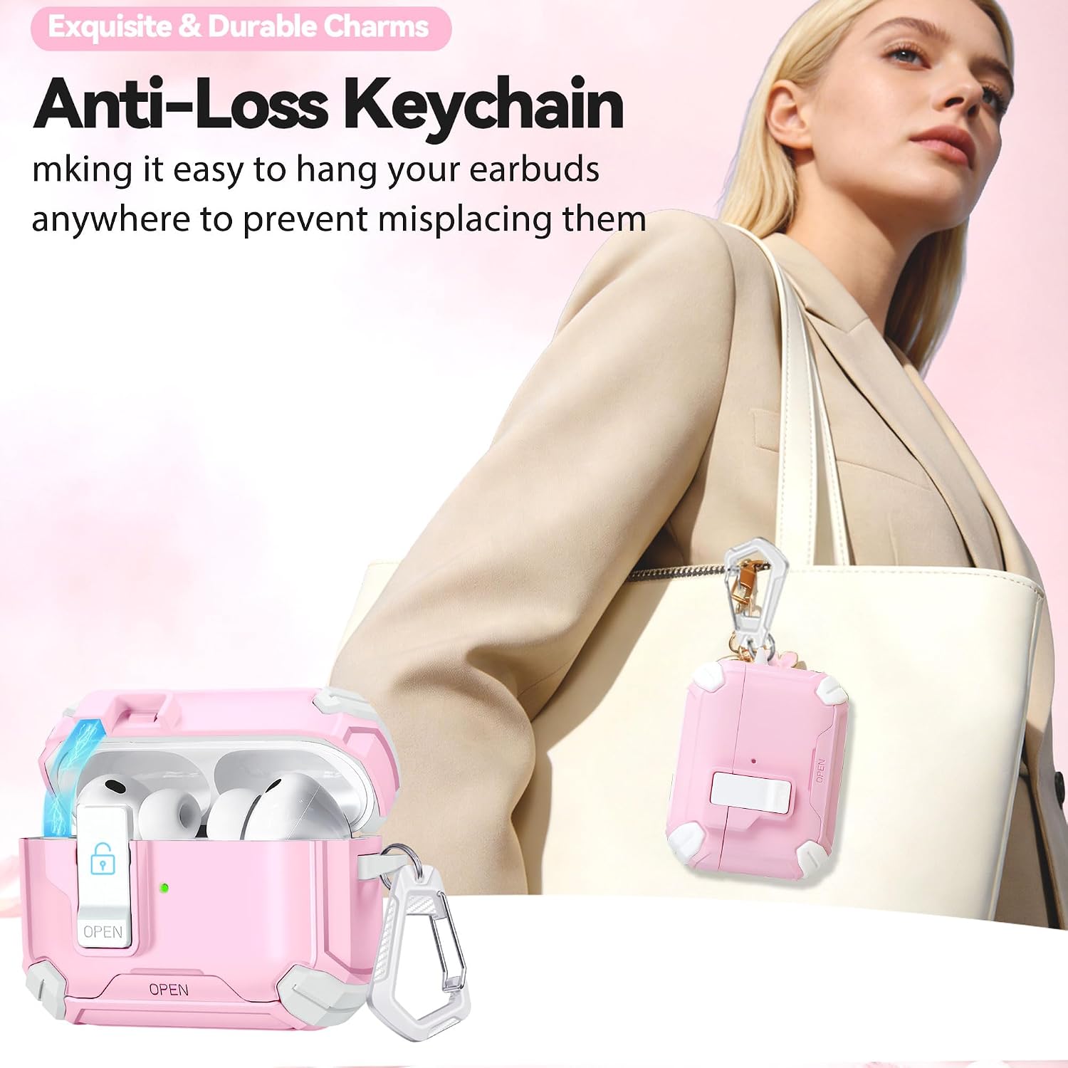 Ekoonpft for Airpods Pro 3 Case with Secure Lock, Compatible with MagSafe | Phone Stand & Auto-Open Hard Shell Cover Qute for AirPods Pro 3rd Gen 2025, with Cleaner and Keychain for Women Girly, Pink