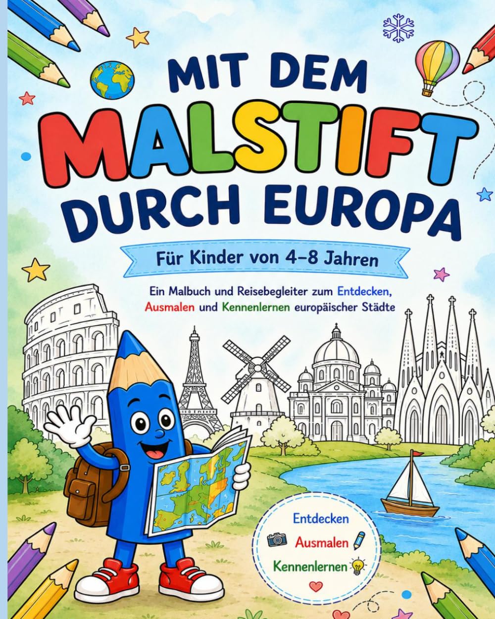 Mit dem Malstift durch Europa: Ein Malbuch und Reisebegleiter zum Entdecken, Ausmalen und Kennenlernen europäischer Städte