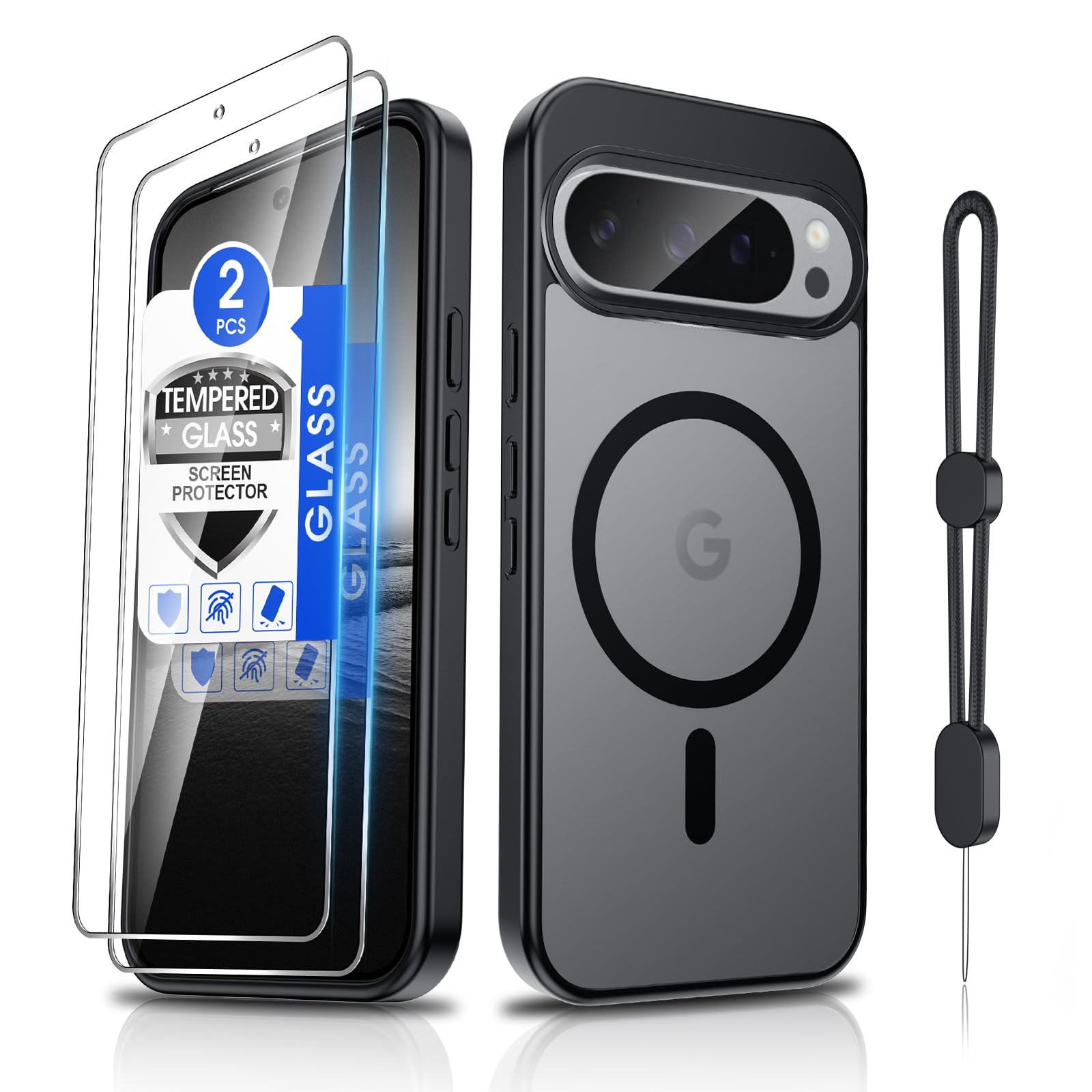 Dizn Magnetic for Google Pixel 9 Pro XL Case:[Not Fit Pixel 9/9 Pro],Tempered Glass Screen Protector,Strap,[Fit for MagSafe],Matte Translucent &amp; Military-Grade Shockproof Protective for 9ProXL,Black