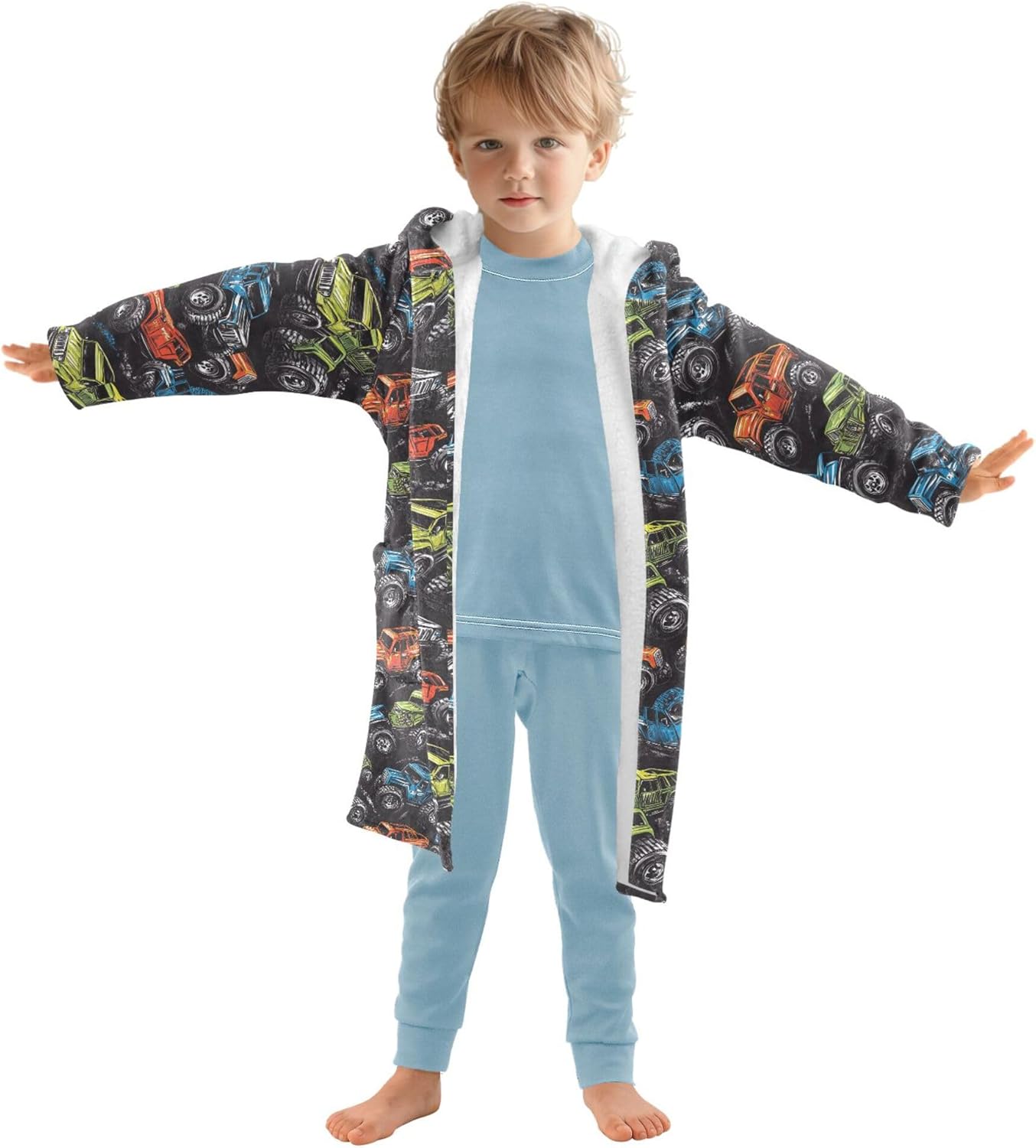 Truck Monster Colorful Car Bathrobe Hooded PJ Robe Plush Fleece Robe Pajama Sleepwear 2-12 Years