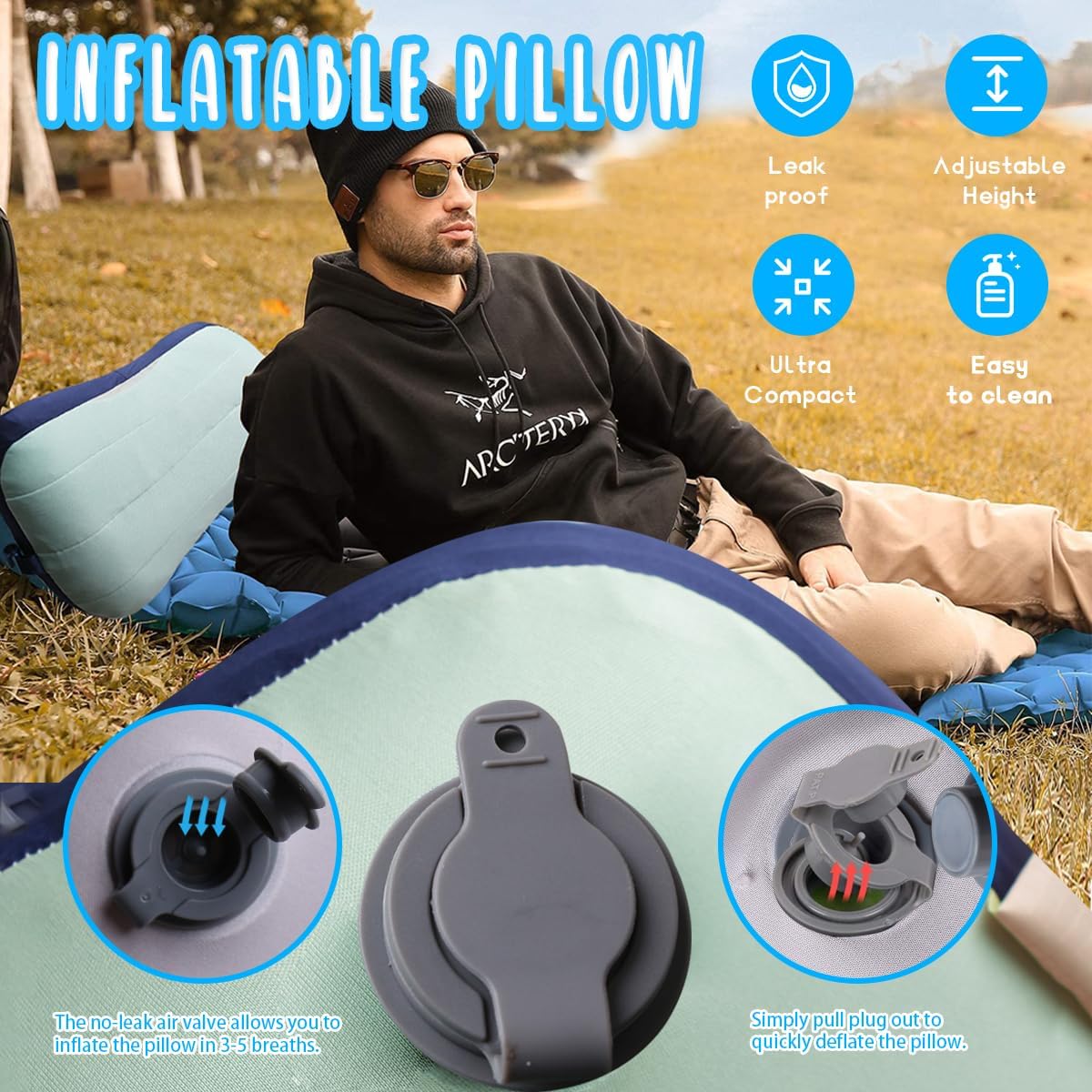 Couleurs Beach Pillow, Inflatable Camping Pillow, Pool Pillow, Removable Pillowcase, Ultralight Neck and Waist Support, Suitable for Camping, Hiking, Backpacking (with Ice Pack)