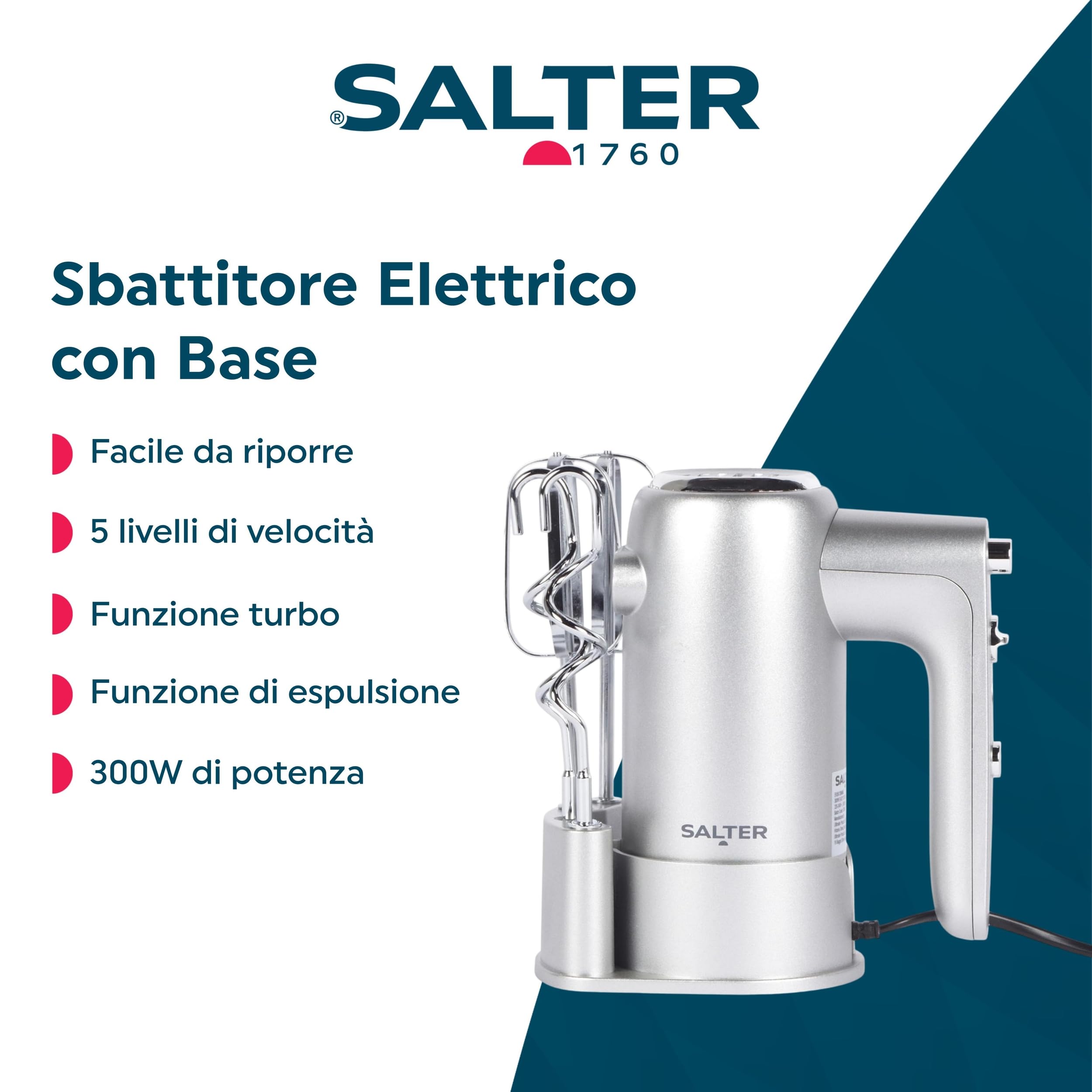 Salter EK5613BMMS Aspen Mixer Manuale – Frusta Elettrica per Dolci, Sbattitori e Ganci per Impasto, Base di Stoccaggio, 5 Livelli di Velocità, Funzione Turbo, Funzione di Espulsione, 300W
