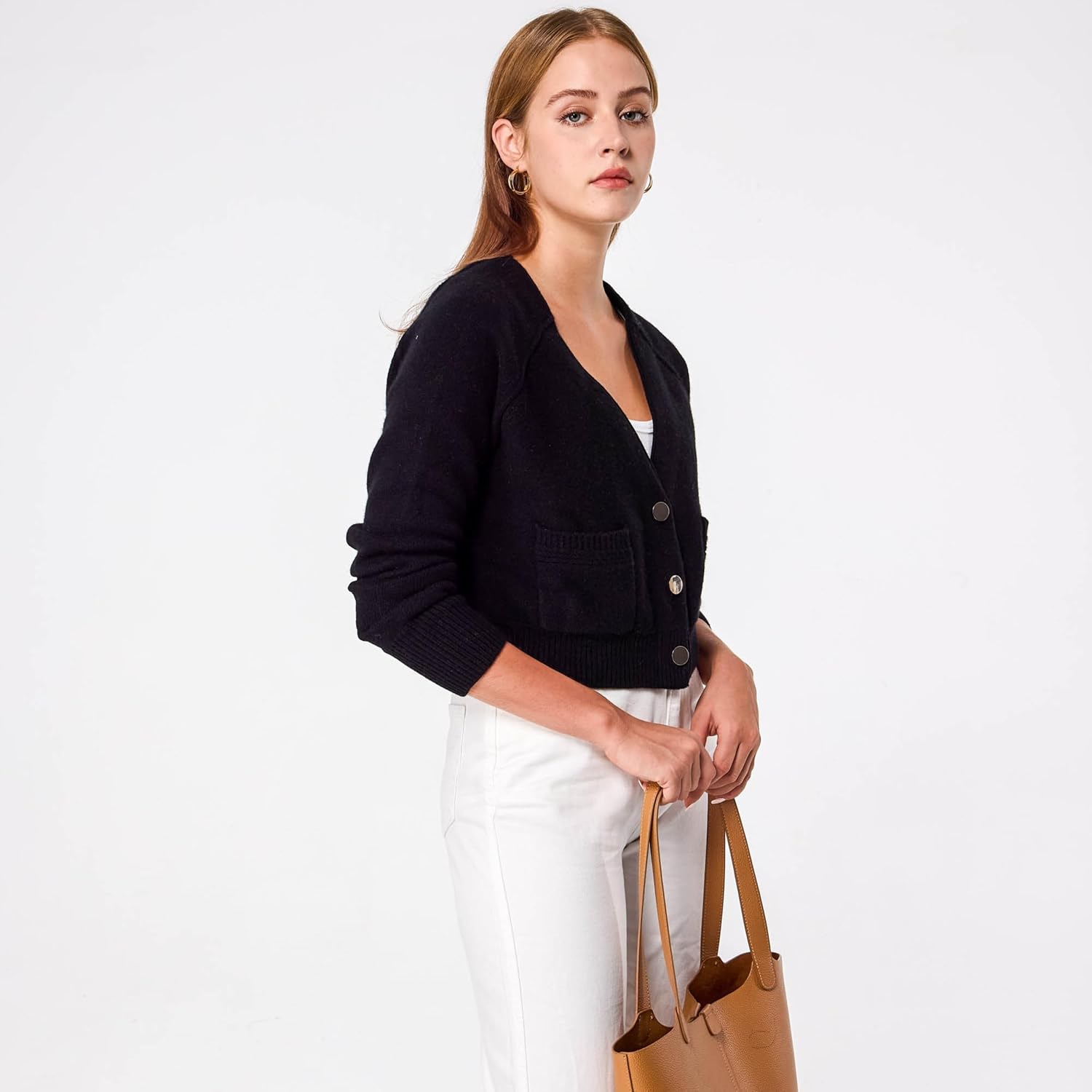 Simple&Opulence Women's Cashmere Cardigan Sweater, Cashmere Long Sleeve V Neck Open Front Cardigan with Pocket - Image 2