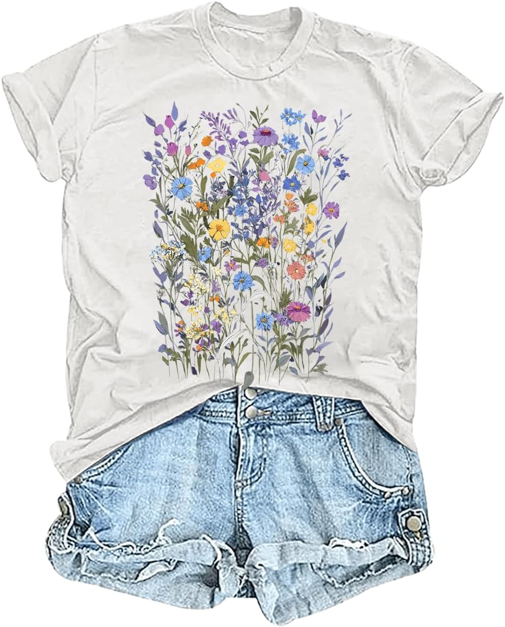 Womens Graphic Tee Vintage Floral T Shirts Boho Wildflower Short Sleeve Casual Tops