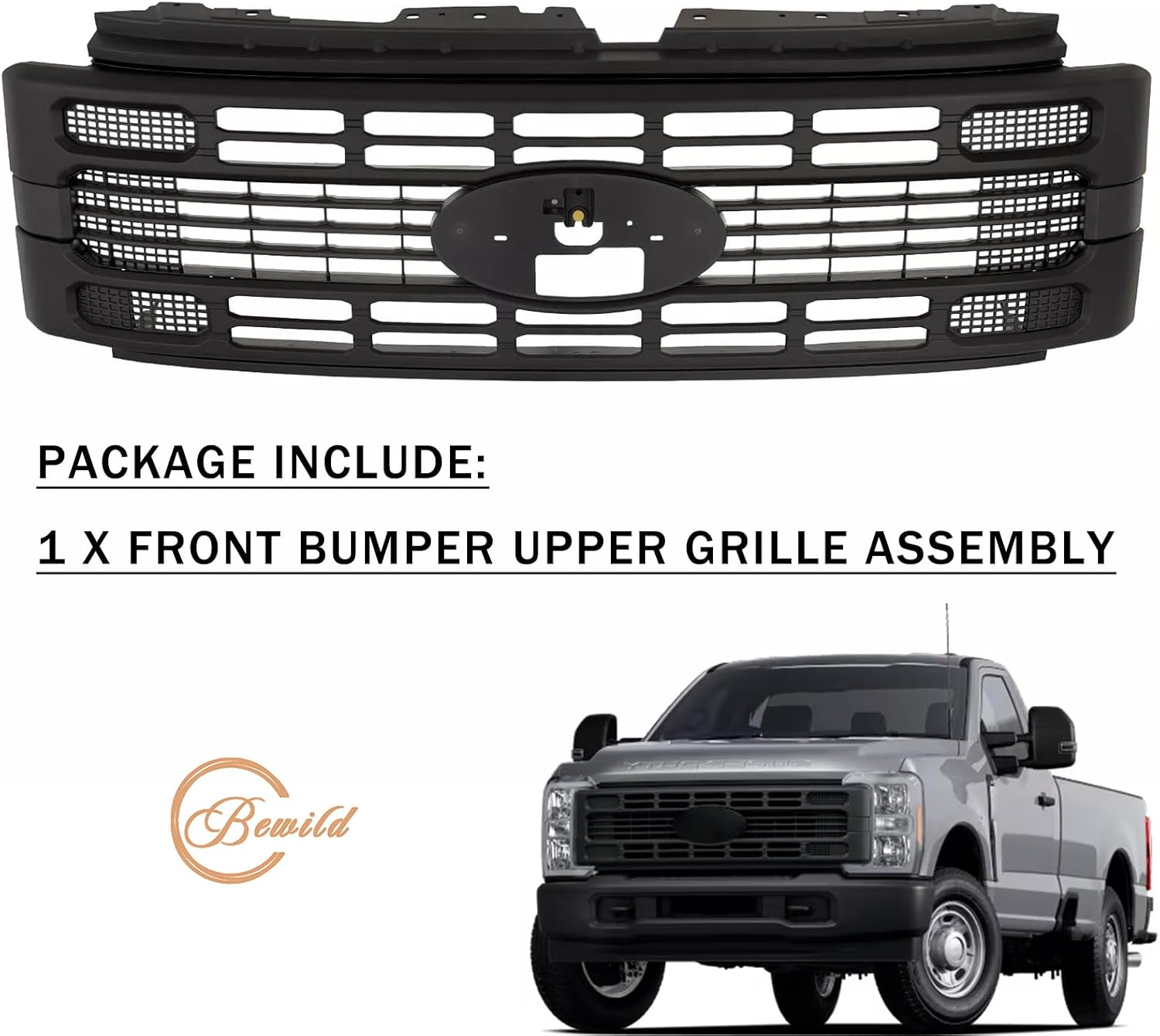 Front Upper Grille Assembly Fit For 2023 2024 2025 Ford F250 F350 F450 F550 Super Duty XL/XLT Front Bumper Mesh Grill Direct Replacement for PC3Z8200AB,PC3Z8213A (Matte Black)