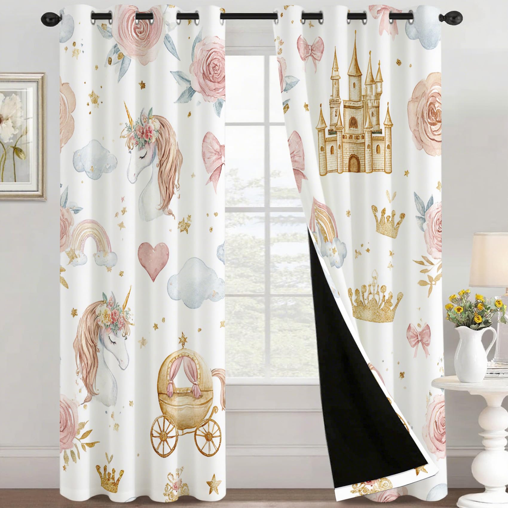 Generisch Prinzessin Vorhänge Blickdicht Gardinen mit Ösen, Mädchen Regenbogen Einhorn Deko Muster Wohnzimmer Schlafzimmer Fenster Verdunklungsvorhänge, H 160 x B 140 cm 2er Set Rc3636