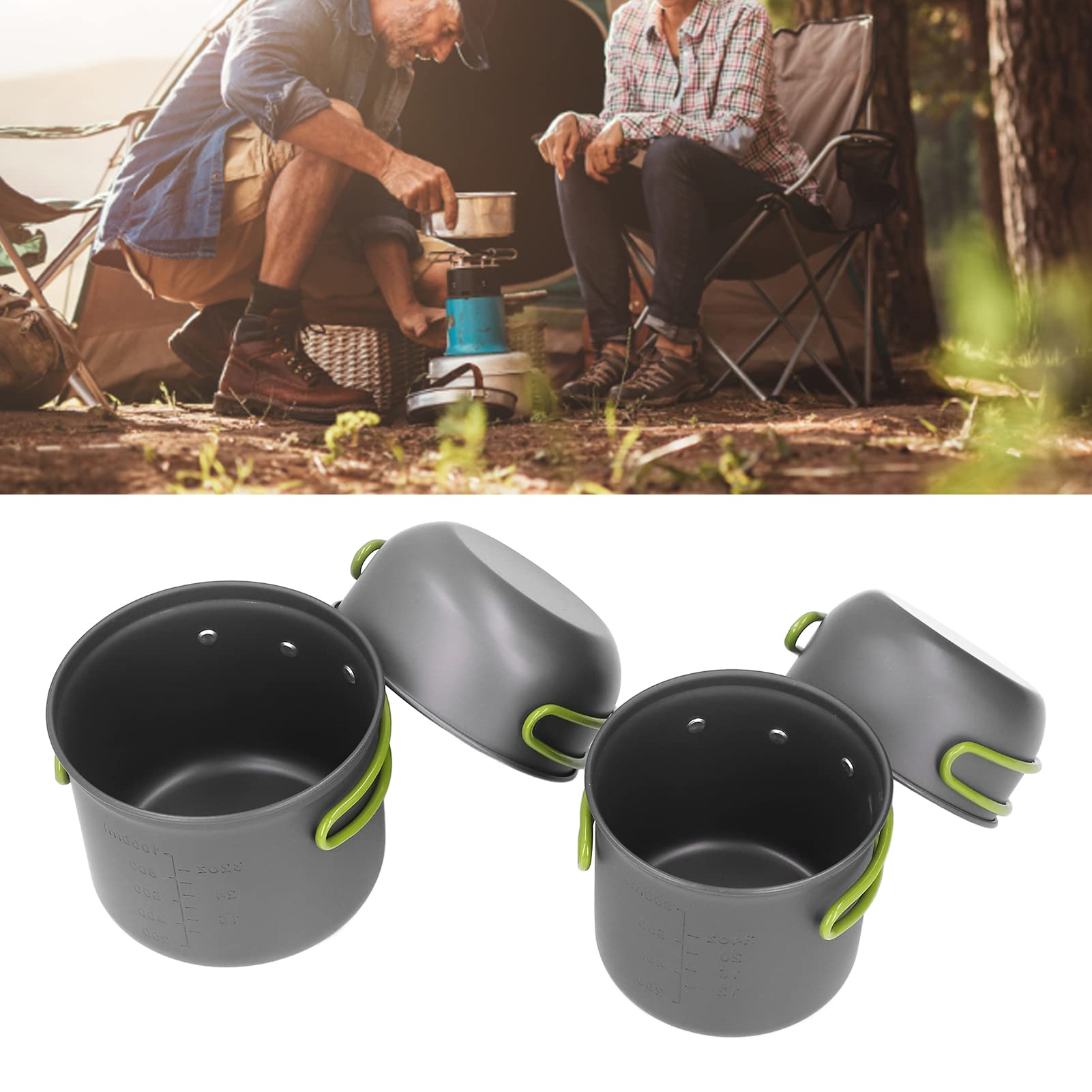 Kit pentole da campeggio 4 pezzi, design multistrato antiscottatura, set di pentole da campeggio per esterni con manico pieghevole, kit compatto per escursionismo, zaino in spalla