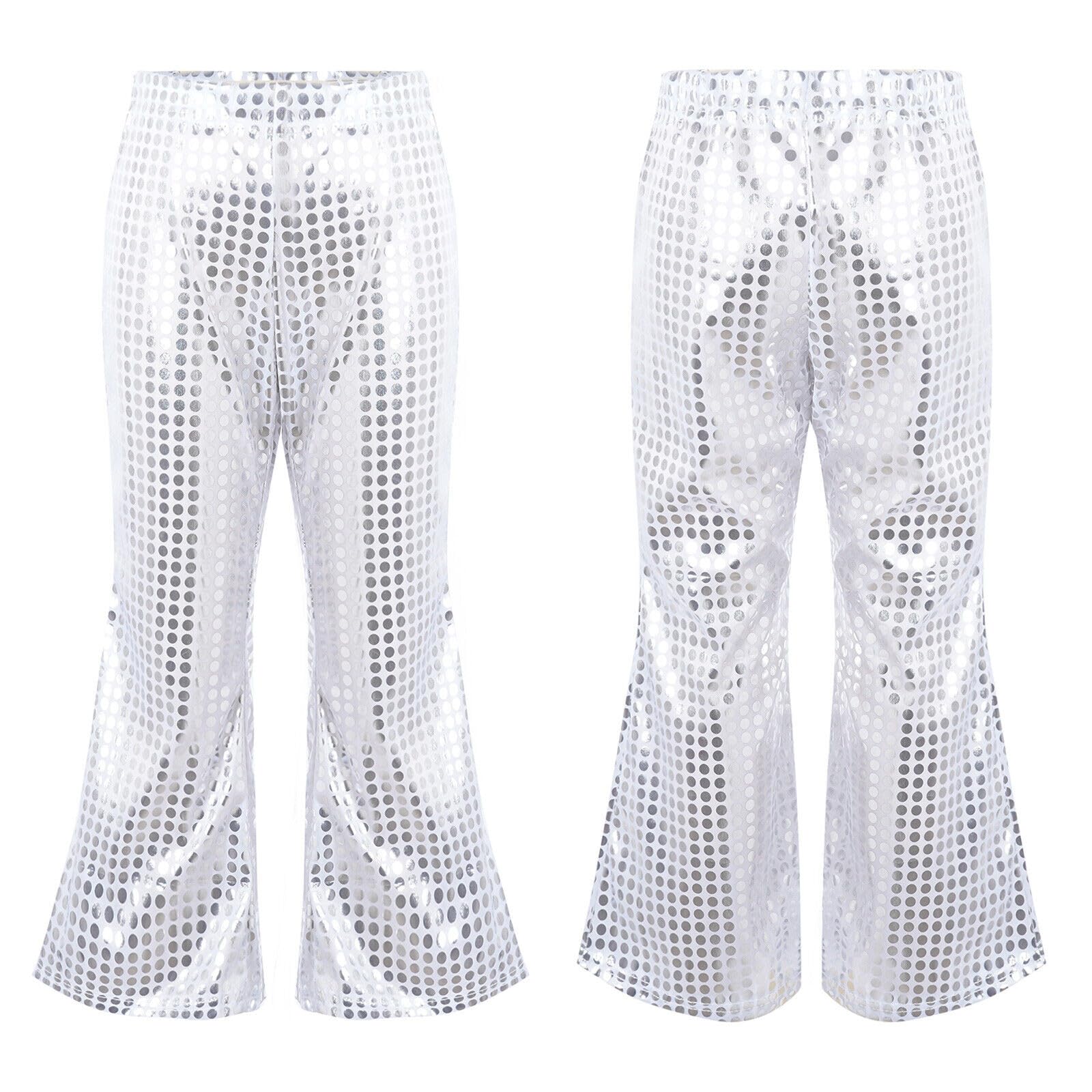 Genérico Pantalones Largos Acampanados Pantalon Lentejuelas Niño Niña Retro de Cuero Metálico Brillante para Danza Pantalón Chandal Jazz Cintura Elástica Traje Baile Fiesta Actuación Pant