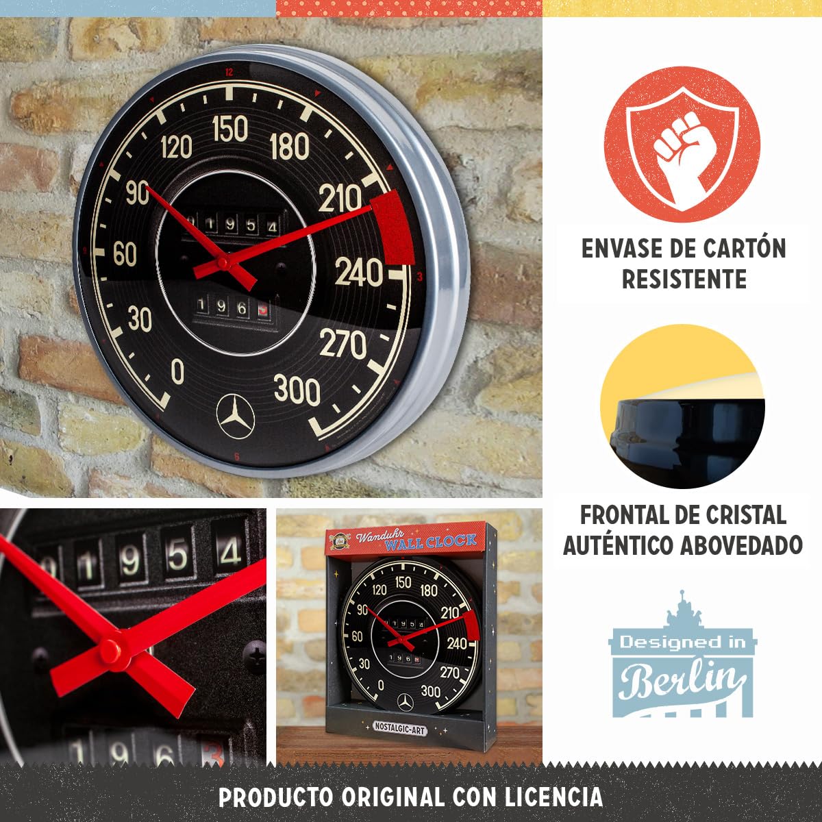Nostalgic-Art Reloj de Pared Retro, Ø 31 cm, Mercedes-Benz – Tacho | original Mercedes-Benz license product (OLP), reloj analógico, diseño vintage, Idea de regalo para fans de Mercedes