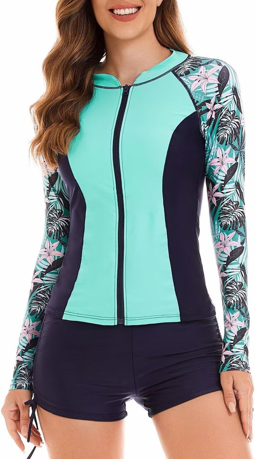 Women's Two Piece Boyleg Surfing Swimsuit Rash Guard Bathing Suit for Swimming,One Piece Bathing