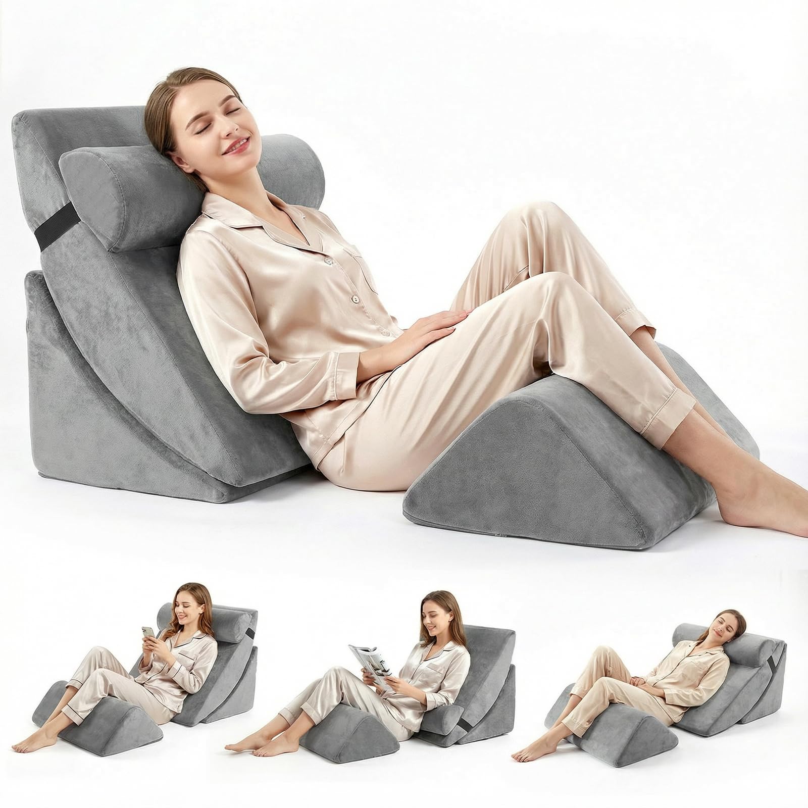 Set di 4 cuscini a cuneo in memory foam, cuscino letto e lettura regolabile in altezza, per divano e letto, lavabili in grigio