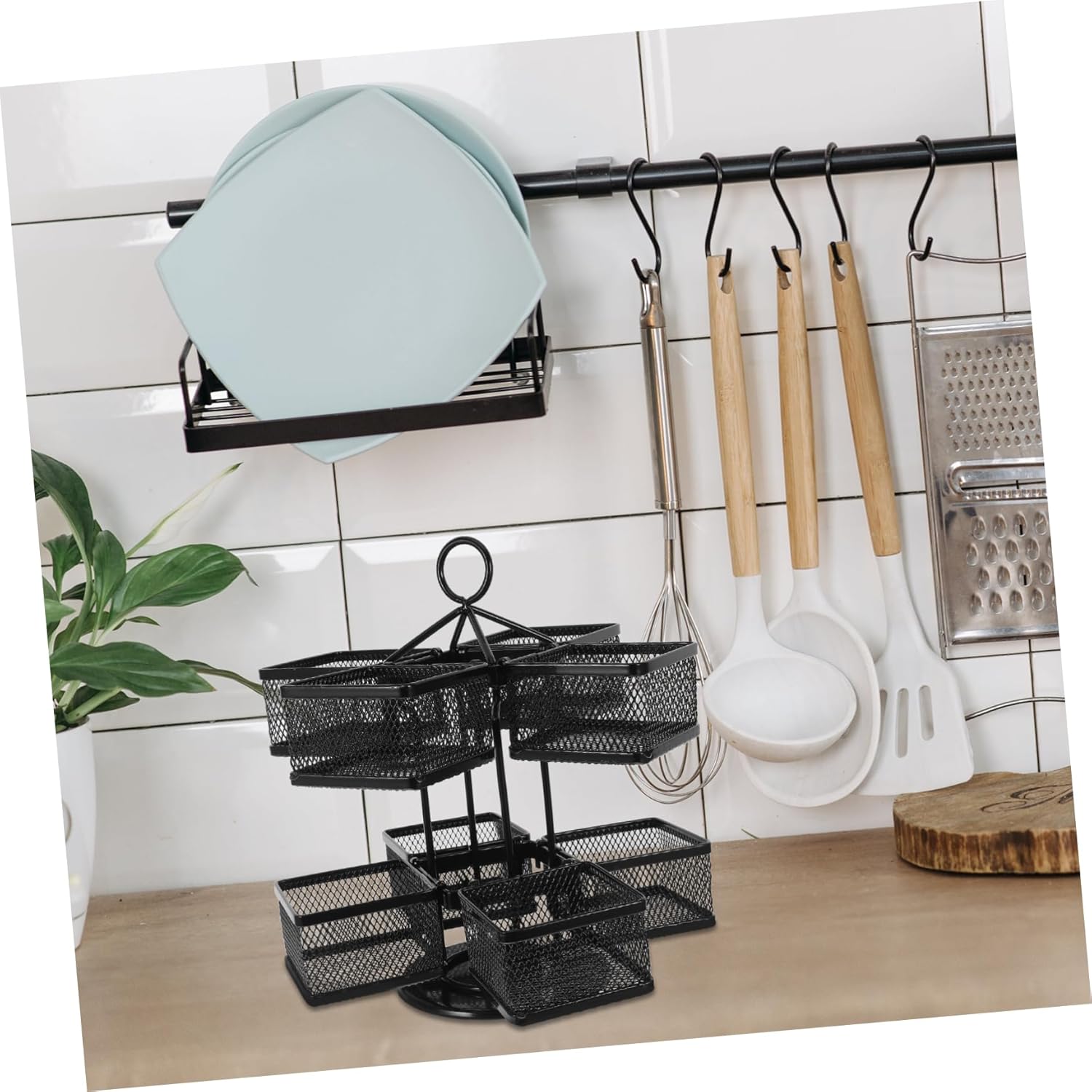 PRETYZOOM Tea Bag Storage Organizer Box Rotating Rack for Tea Bags Sugar Packets Coffee Creamer Elegant Iron Design Space Saving Kitchen Accessory