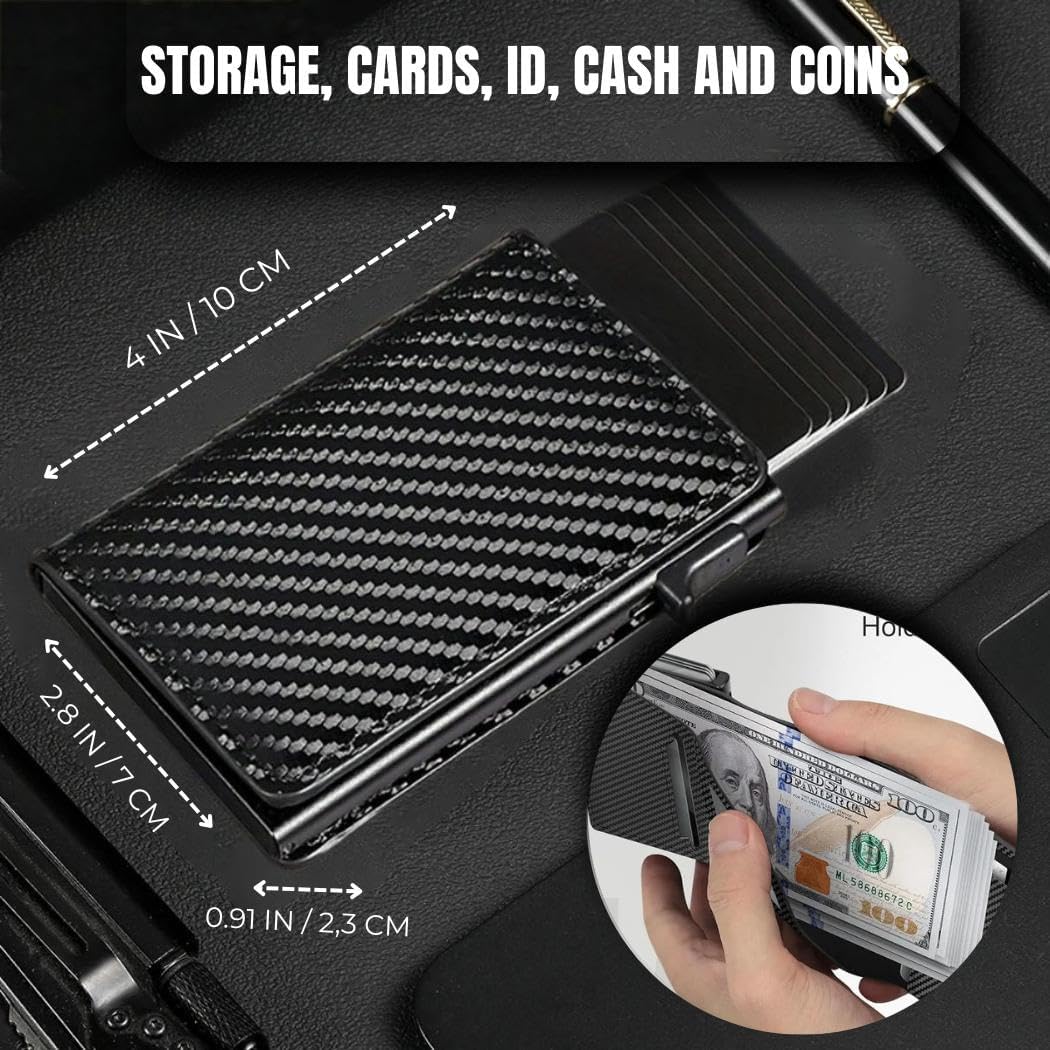 Mens Wallet Card Holder, RFID Blocking, Pop-Up Aluminum Card Case, Slim, Microfiber Leather (Black) | ID Window & Cash Slot | Minimalist Front Pocket Design – 8–14 Cards – Gift Box - Image 4