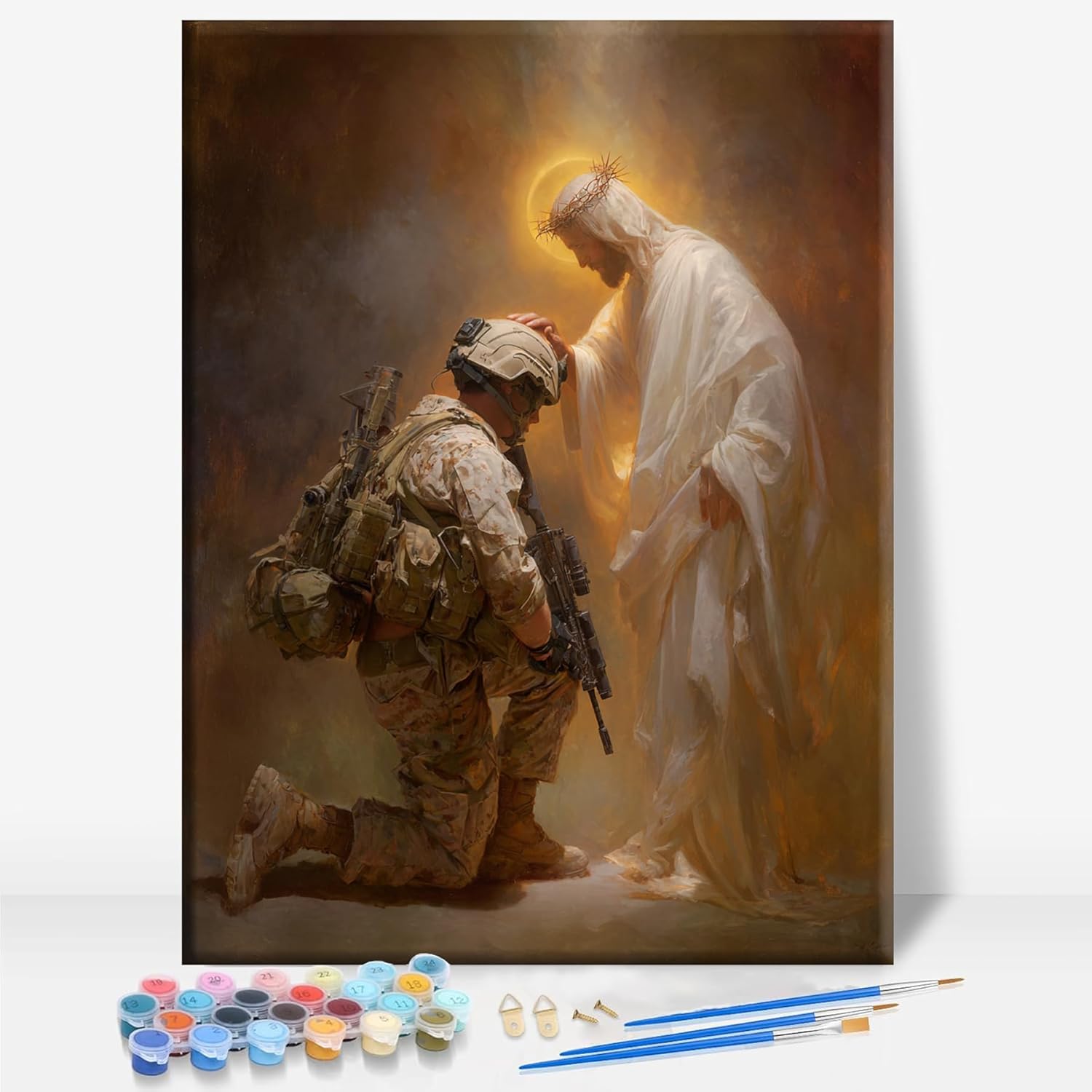 HUINORYA Jesus Blessing The Soldier Military Enforcement Framed Canvas DIY Paint by Numbers Kit Bar Cafe Cave Home Room Wall Bathroom Porch Patio Decor Gift, 16 x 12 Inch