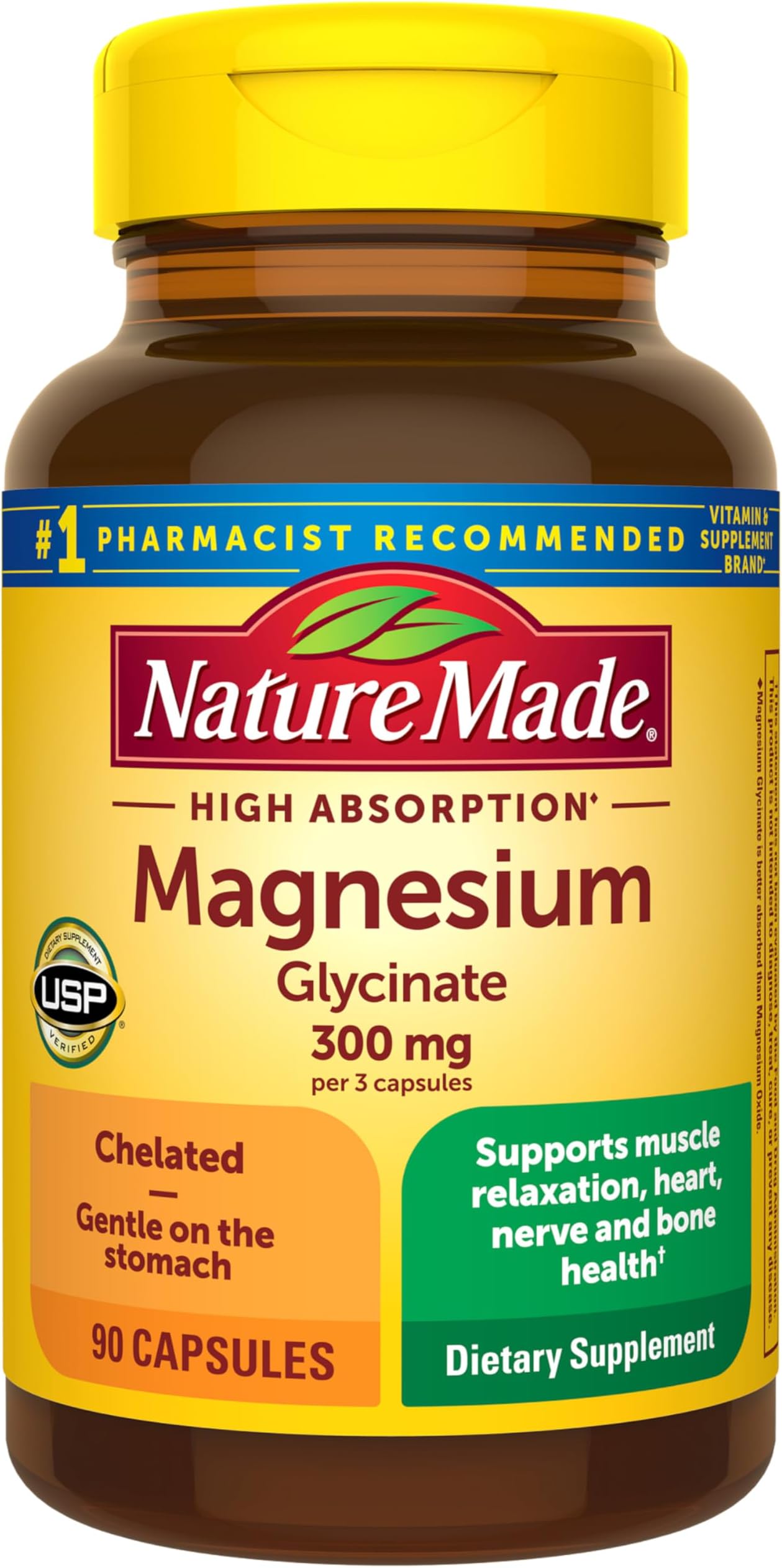 High Absorption Magnesium Glycinate 300mg per 3 Capsules, Magnesium Supplement for Muscle, Heart, Nerve and Bone Support, 90 Magnesium Bisglycinate Capsules, 30 Day Supply