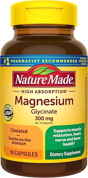 Nature Made High Absorption Magnesium Glycinate 300mg per 3 Capsules, Magnesium Supplement for Muscle, Heart, Nerve and Bone Support, 90 Magnesium Bisglycinate Capsules, 30 Day Supply