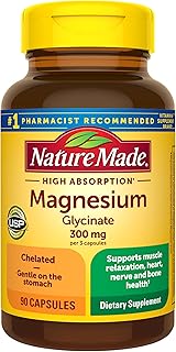 Nature Made High Absorption Magnesium Glycinate 300mg per 3 Capsules, Magnesium Supplement for Muscle, Heart, Nerve and Bone Support, 90 Magnesium Bisglycinate Capsules, 30 Day Supply