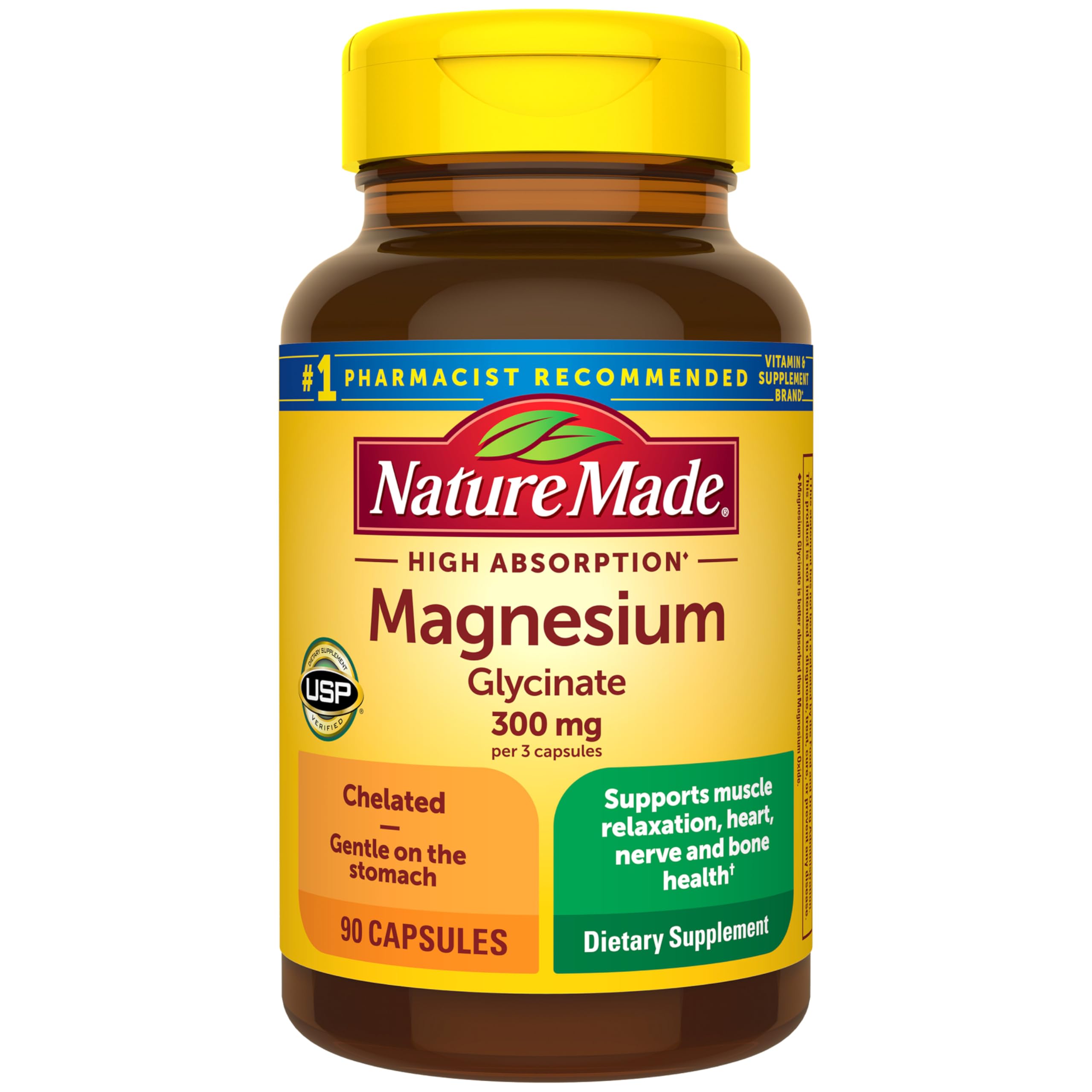 Nature Made High Absorption Magnesium Glycinate 300mg per 3 Capsules, Magnesium Supplement for Muscle, Heart, Nerve and Bone Support, 90 Magnesium Bisglycinate Capsules, 30 Day Supply