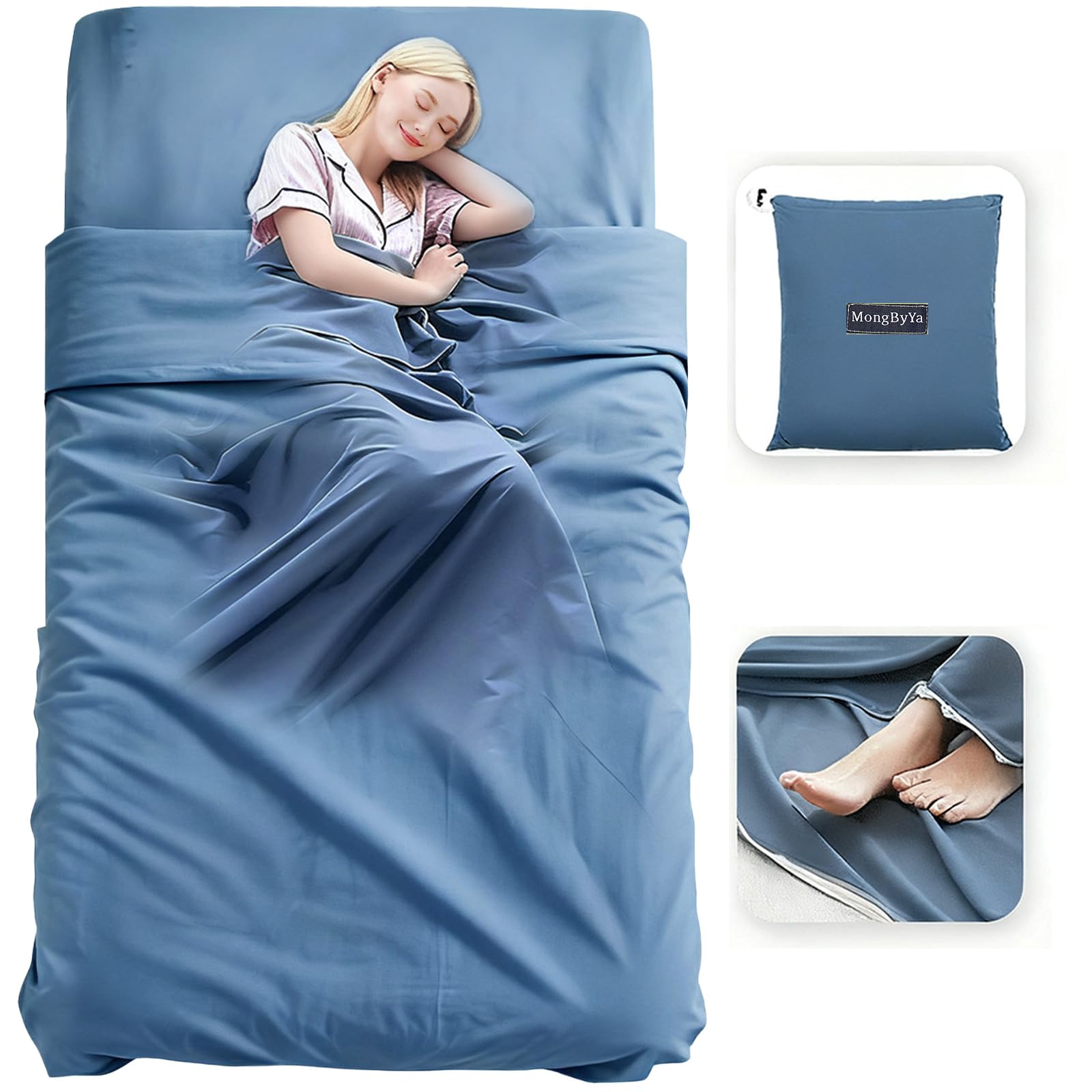 Bonng Sleeping Bag Liner Lightweight Compact Sleeping Bag Sack Portable Clean Travel Sheet with Zippered Opening for The Feet Camping Sleep Sheet for Backpacking Hotel& Hiking (Blue, 82.7'' X 45.3”)