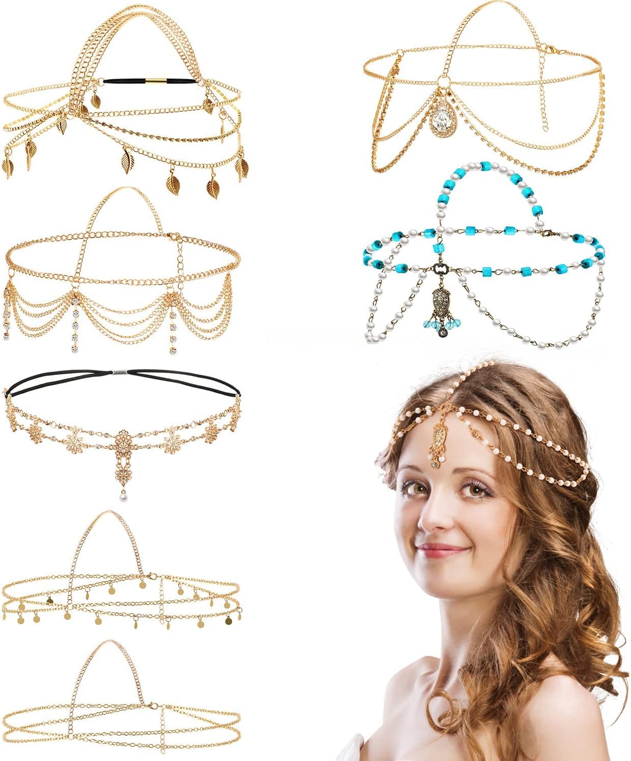 SYOSI 8 Pcs Gold Head Chain Jewelry Boho Headband, Tassel Chain Hair Band Fashion Headpieces for Prom Wedding