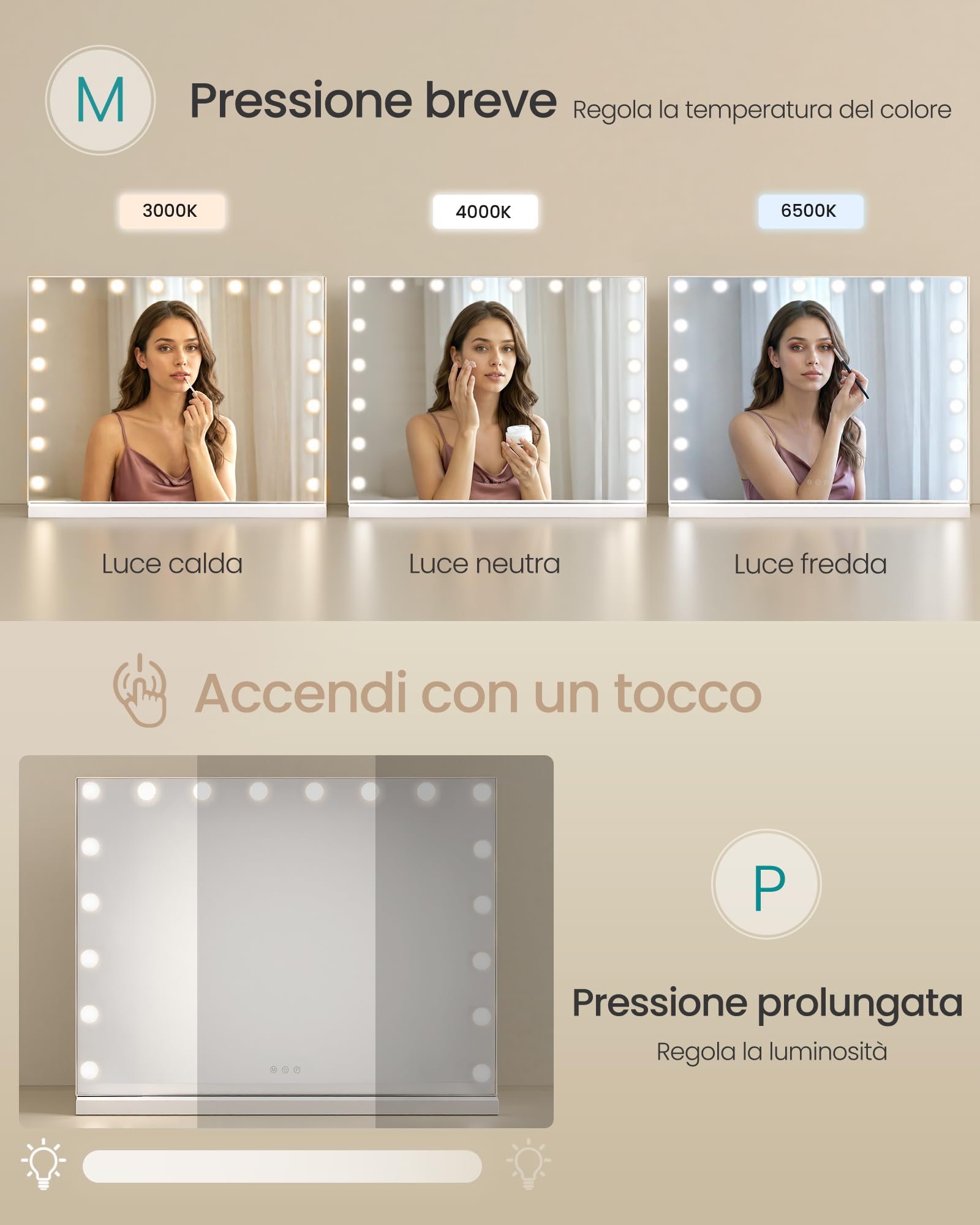 SONGMICS Specchio Trucco con Luci, 15 LED Dimmerabili, 3 Colori, Specchio Ingranditore 10x, Porte USB, da Tavolo o Parete, 62 x 80 x 5,7 cm, Bianco Opaco, Collezione Berit LWM223WC02