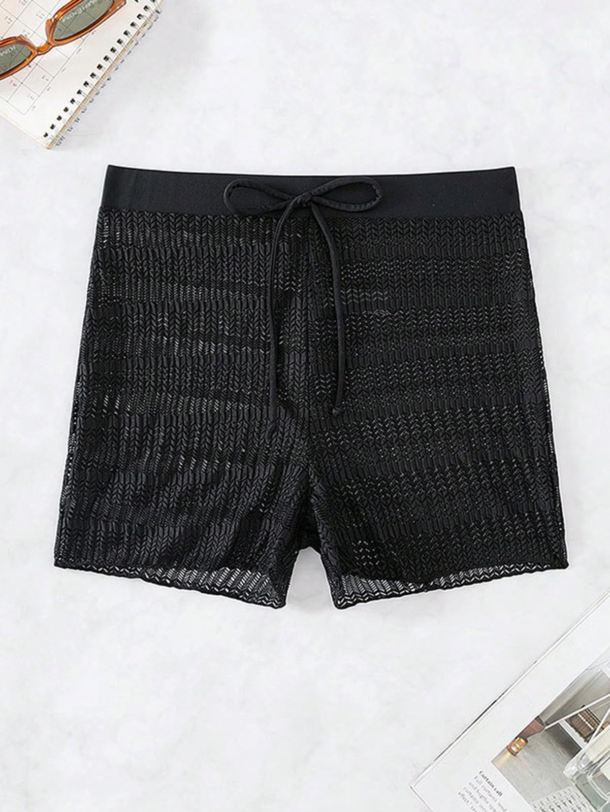 Pantalones cortos para mujer con abertura y cintura alta, semitransparentes con lazo frontal (bragas no incluidas), 871 negro 3