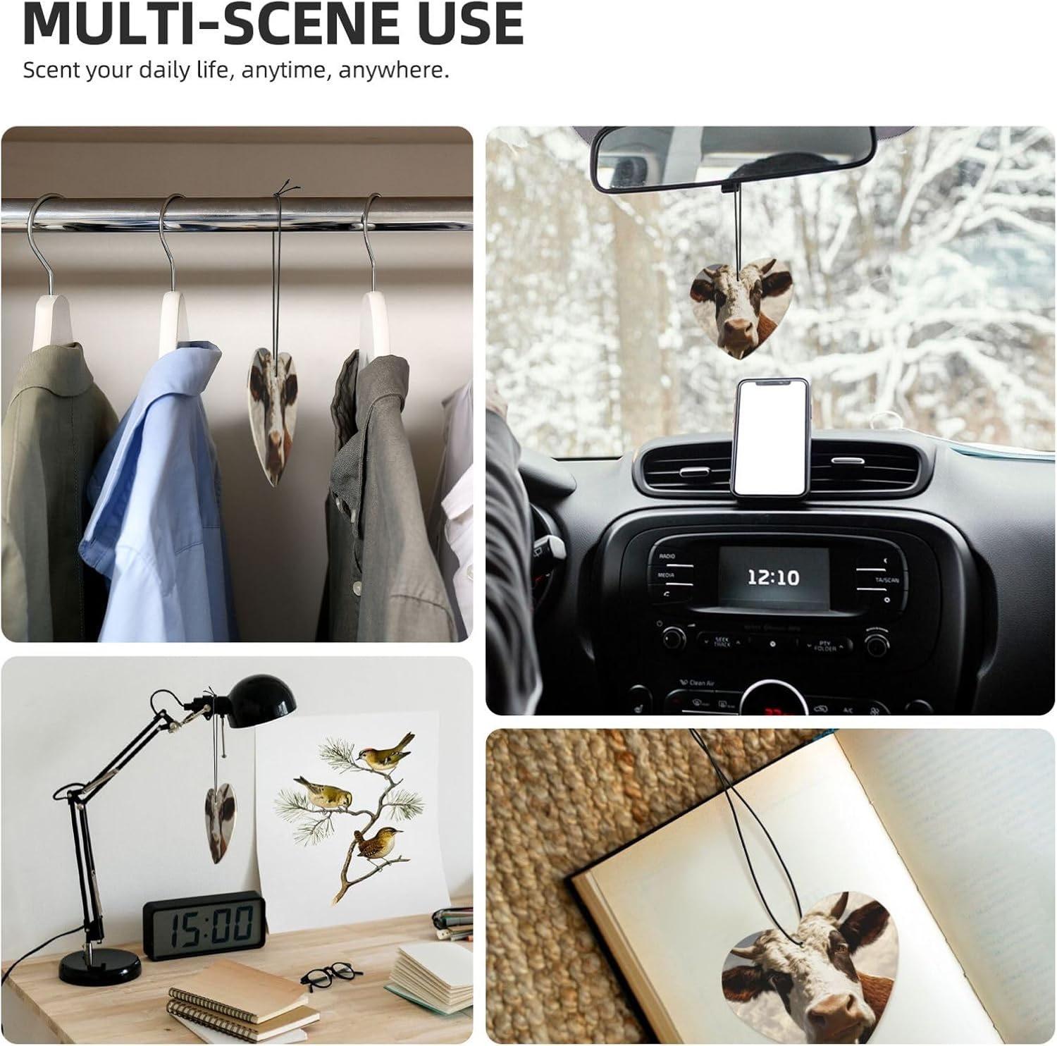 Car Air Freshener 24 PCS Farm Animal Cow Hanging Car Air Fresheners Auto Interior Decor Card Freshener Strong Scented Card Lavender Cars Scents for Office Bedroom Close Drawer Heart Shape