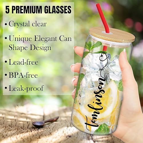 Miniatura 5 de Taza de vidrio personalizada con tapa de bambú y pajita, tazas de café helado esmerilado de 16 onzas con nombre, vaso de café personalizado para