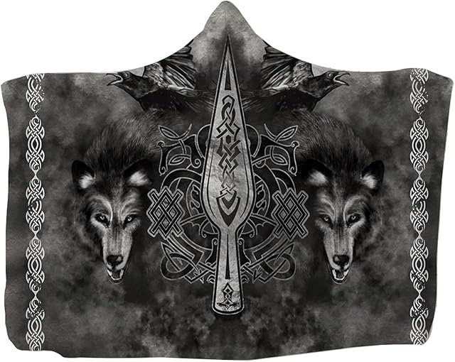 Hooded Throw Blanket Wearable Viking Tattoo Print Flannel Cape Cloak Blanket for Sofa Napping Blankets Childs Adults