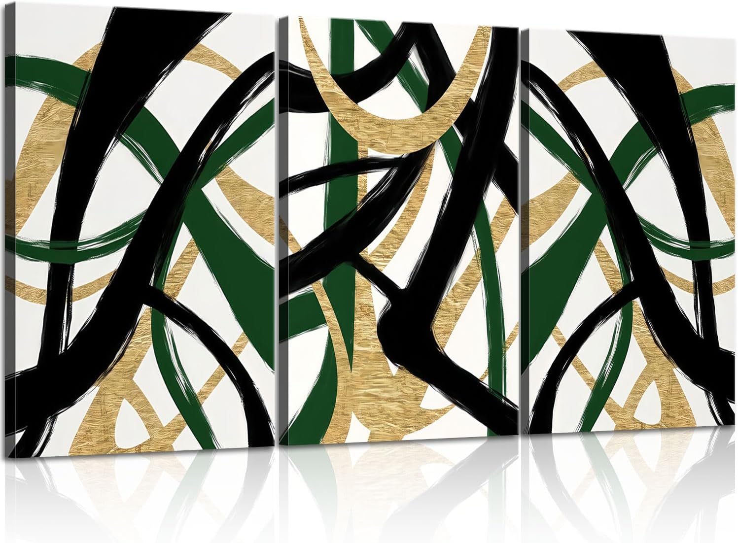3Pcs Framed work Abstract Lines Canvas Wall Art Modern Black, Green, Gold Geometric Brushwork Prints Posters Abstract Line Images Framed gallery packaging artwork for living room prints, bedroom, office, and home decor 12X16Inch