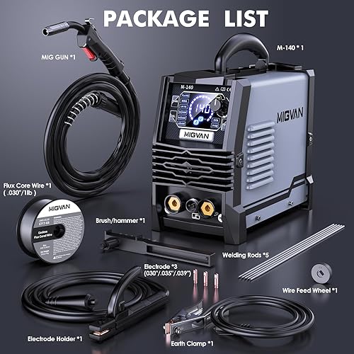 Miniatura 9 de Soldador MIG 140A, MIGVAN 110V Flux Core MIG/Stick/Lift TIG 3 en 1 máquina de soldadura con pantalla digital LED grande, inversor IGBT soldador