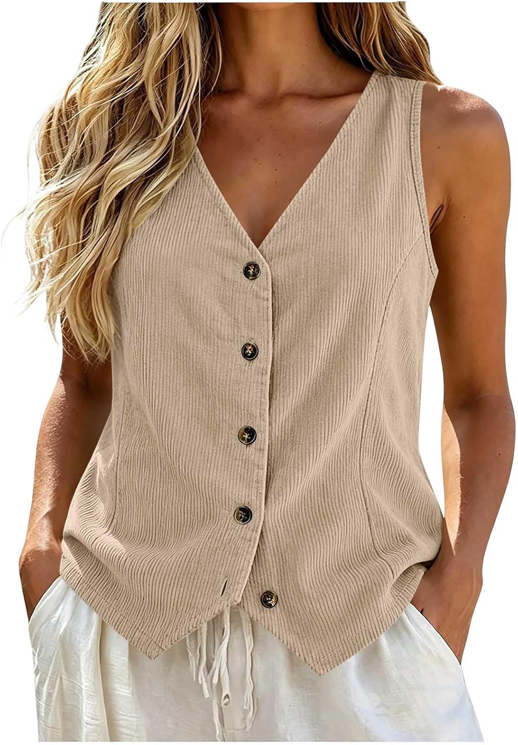 Women Summer Sleeveless Vest Tops Corduroy V Neck Button Down Blouse Loose Fit Casual Work Spring Fashion Waistcoat